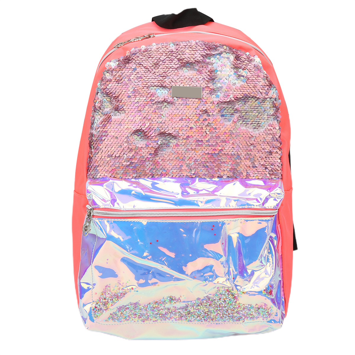 Rosa Rucksack mit Pailletten und klarer Vordertasche. Schwarze Träger und weißer Hintergrund.