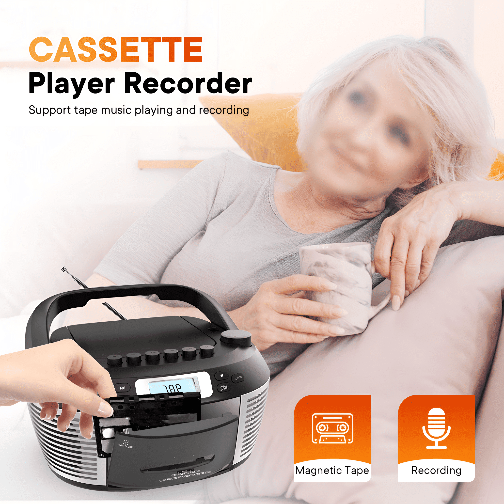 Kassettenrekorder mit einer Hand, die eine Kassette einlegt. Magnetband- und Aufnahme-Symbole.