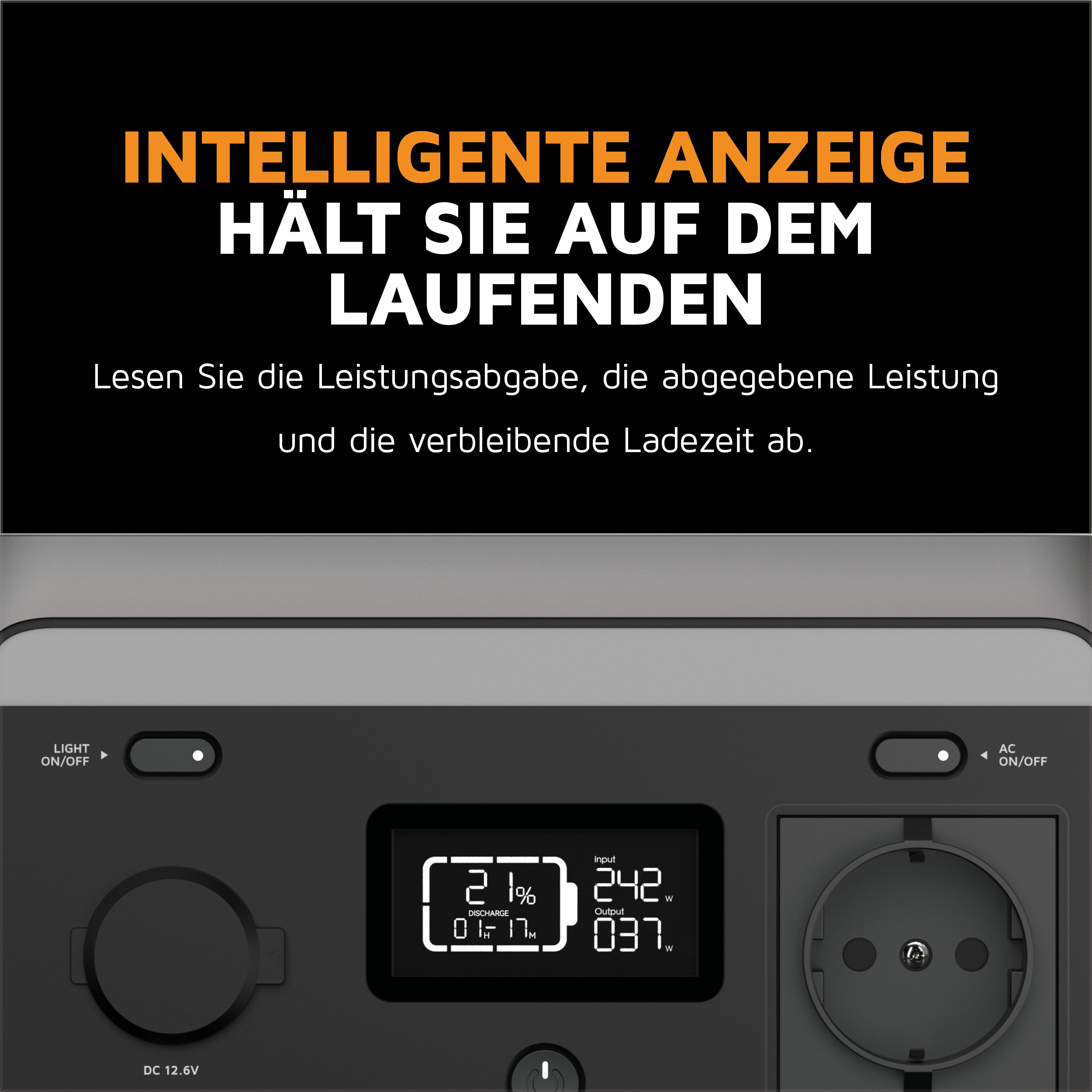 Ein dunkelgraues Kraftwerk mit Digitalanzeige, die den Batteriestand und die Ausgangsdaten anzeigt.