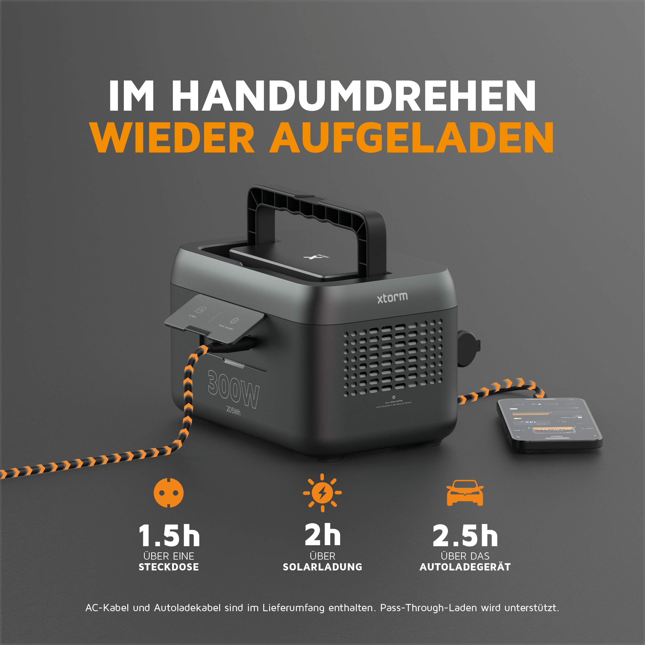 Schwarze Powerstation mit orangefarbenem Kabel und Telefon. Text: 'Im Handumdrehen wieder aufgeladen'.