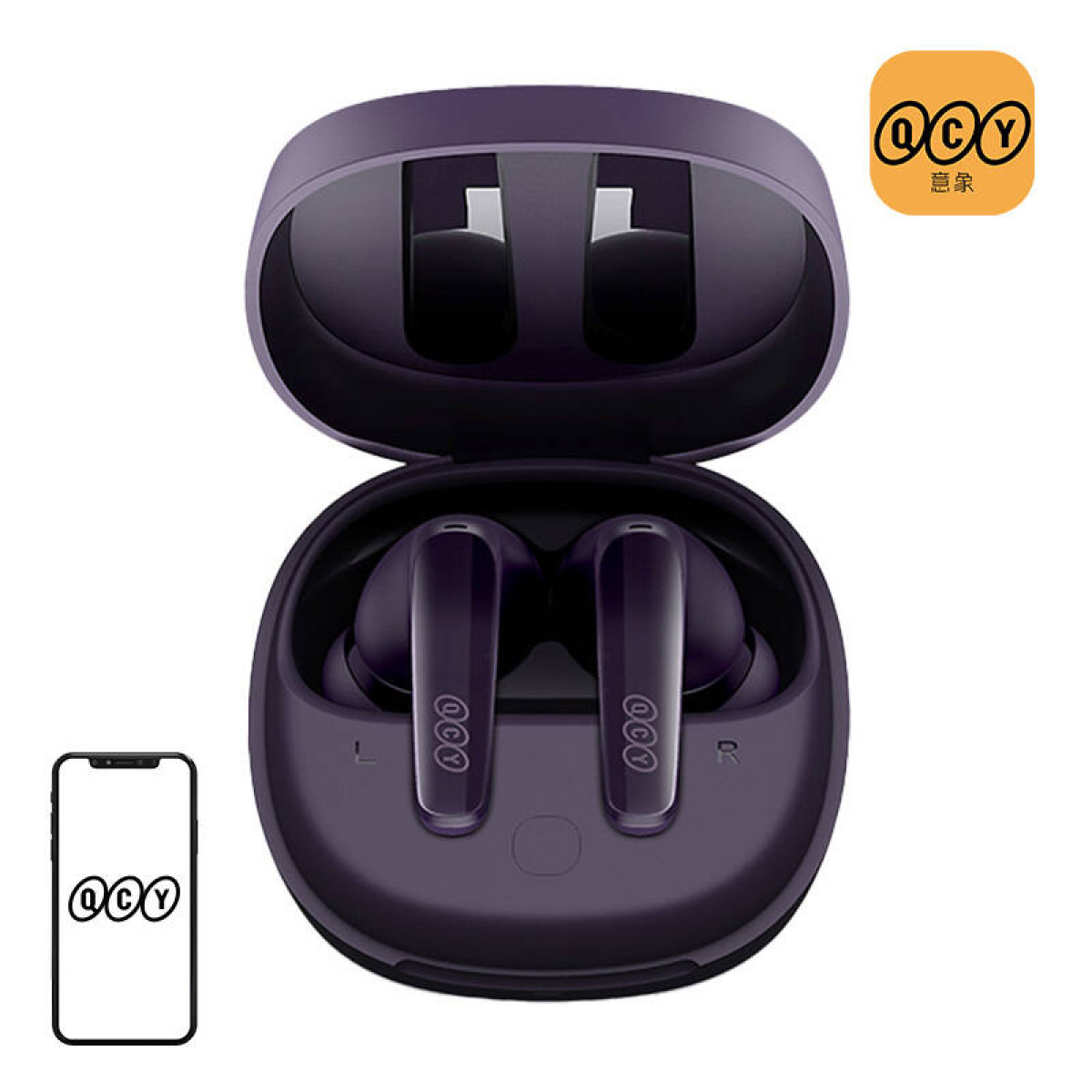 Violette kabellose Ohrhörer in einem Ladecase, mit einem Smartphone, das das QCY-Logo zeigt, und dem Markenlogo.