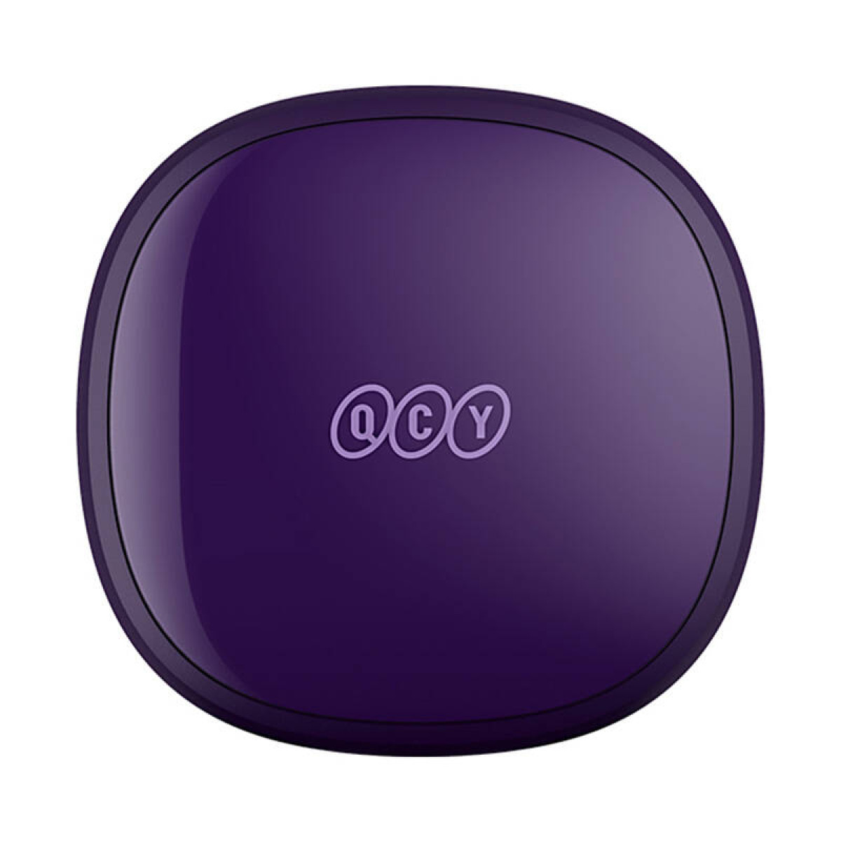 Violette, ovale kabellose Kopfhörerhülle mit dem QCY-Logo oben.