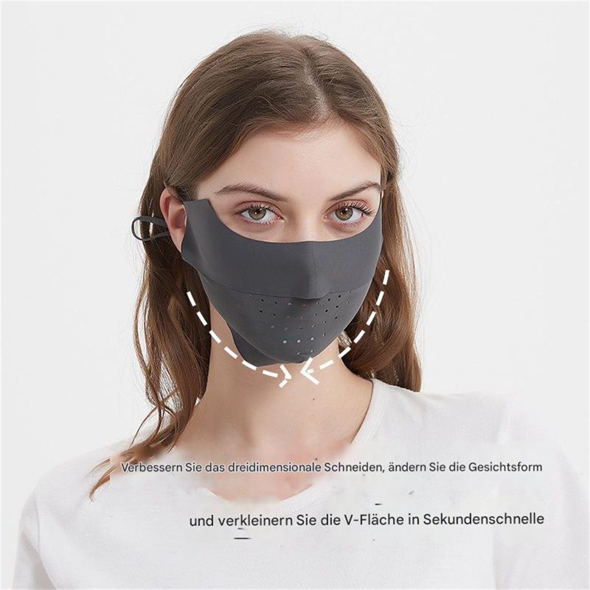 Frau mit grauer Gesichtsmaske, mit gepunkteten Linien, die zeigen, wie sie das Gesicht formt.