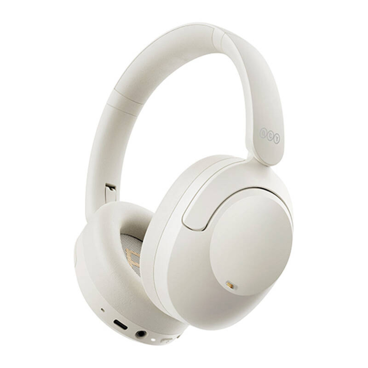 Beige Kopfhörer auf weißem Hintergrund. Over-Ear-Design, gepolsterte Ohrmuscheln und ein gepolstertes Kopfband.