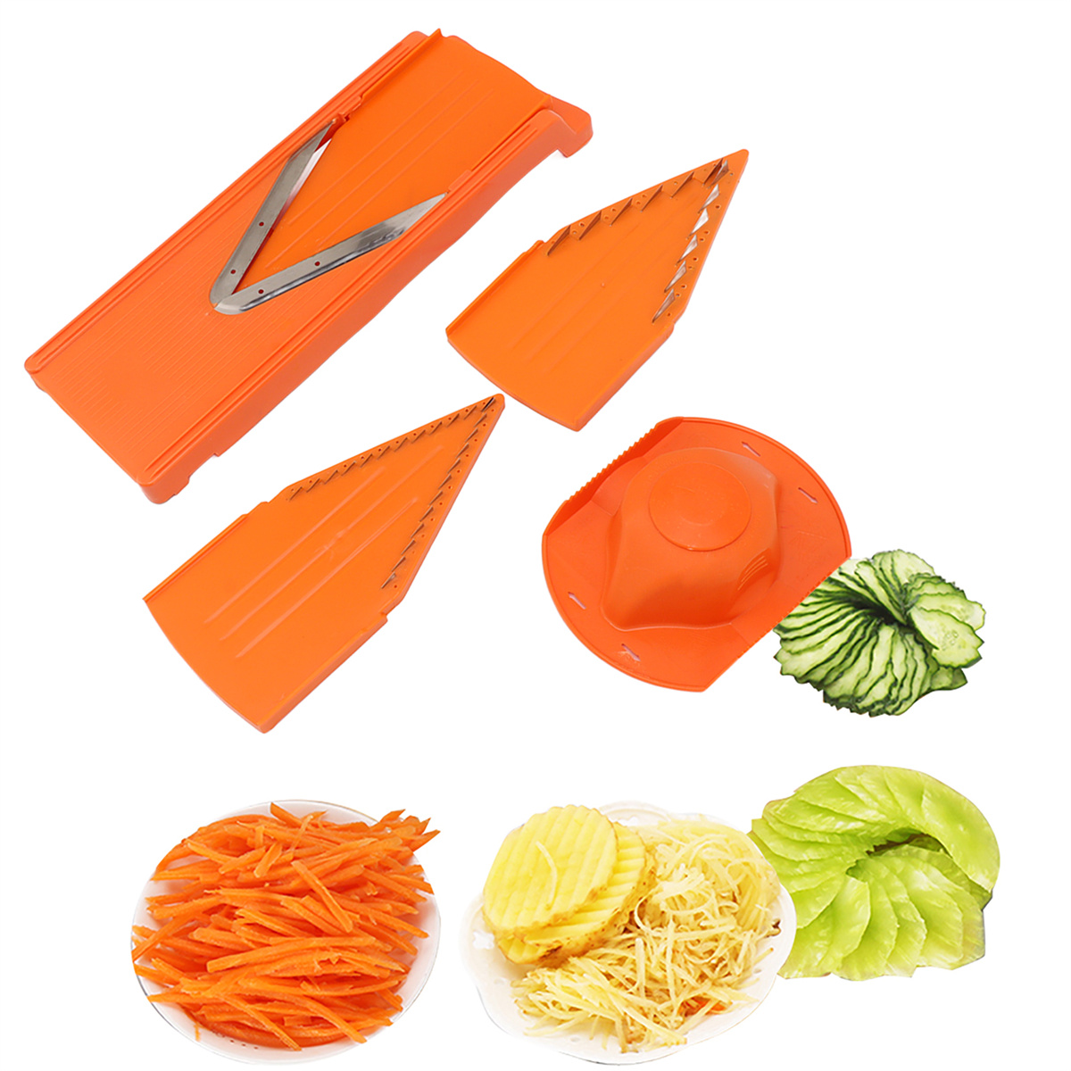 Gemüseschneider mit orangenen Teilen und verschiedenen geschnittenen Gemüsesorten: Karotten, Kartoffeln und Gurken.