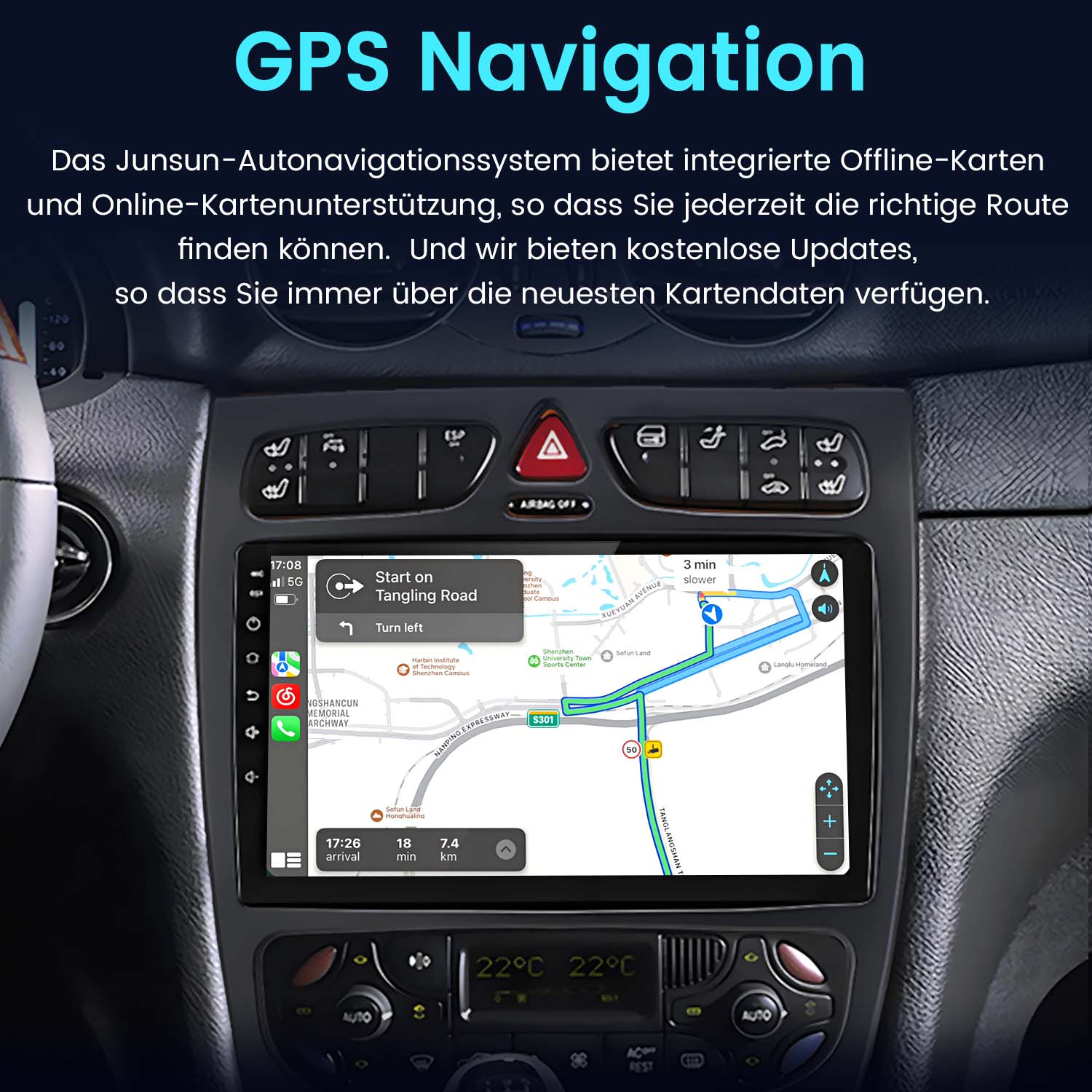 Deska rozdzielcza samochodu wyświetlająca nawigację GPS z mapą oraz różnymi kontrolkami i informacjami.
