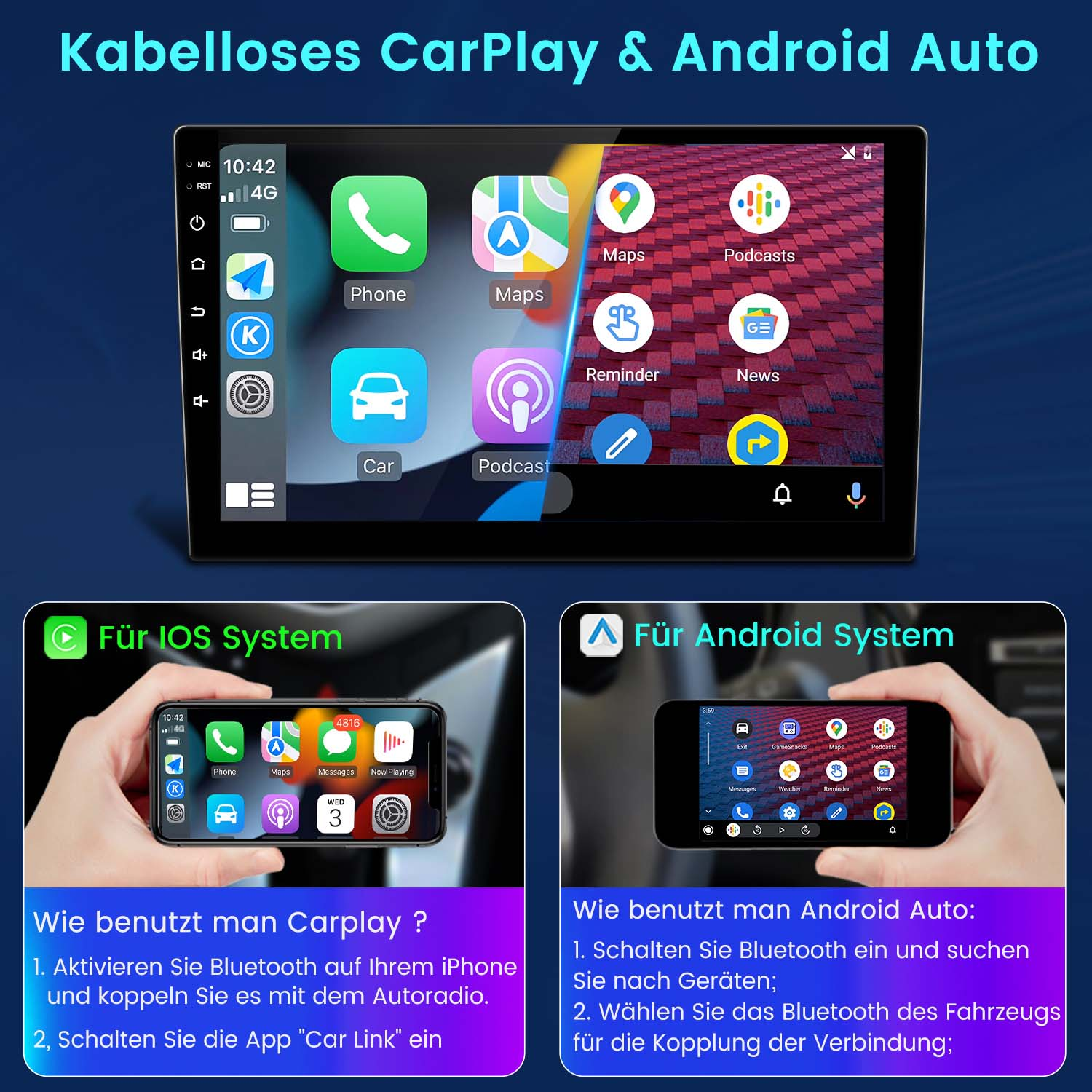 System multimedialny do samochodu z ekranem. Pokazuje różne aplikacje. Dwa telefony poniżej z instrukcjami.