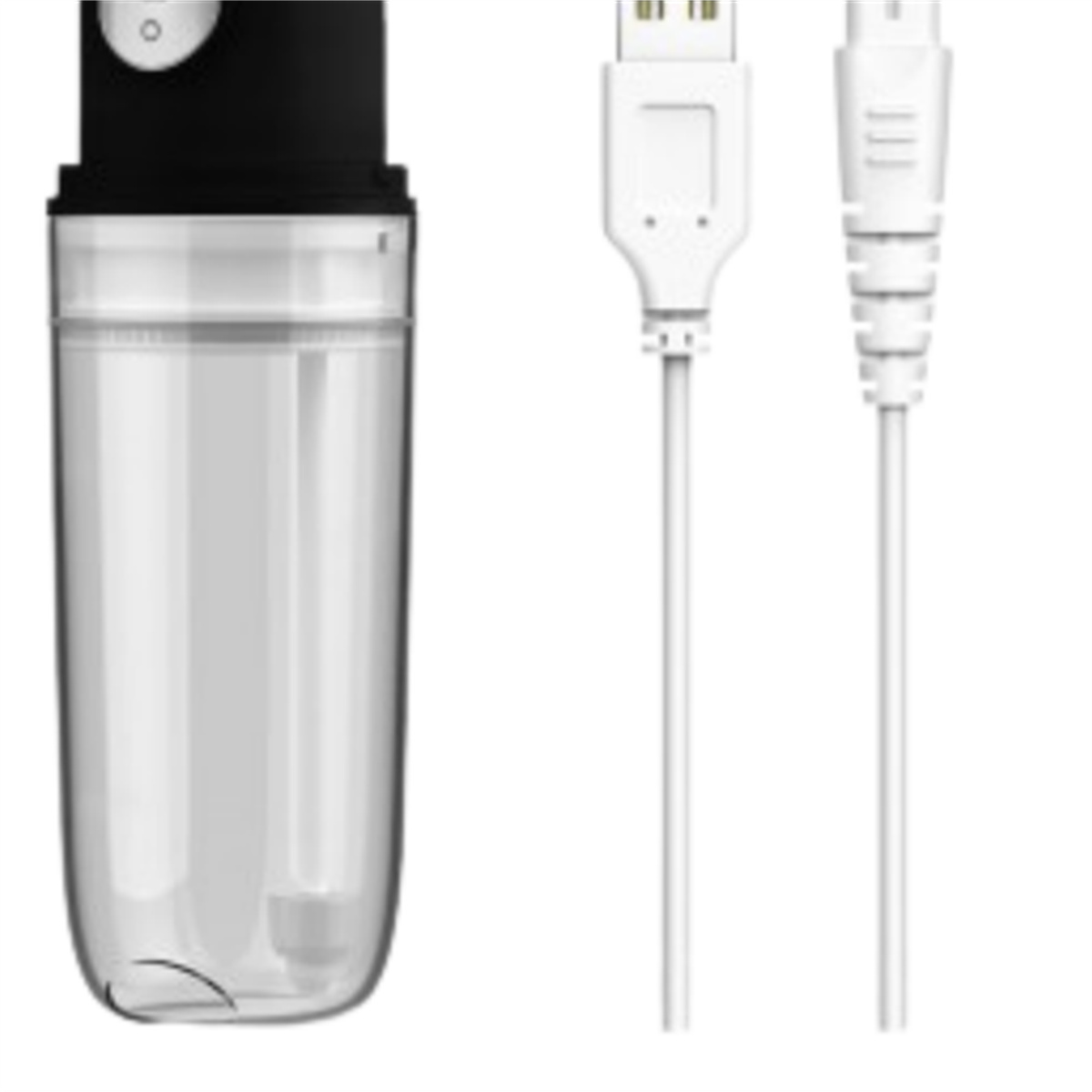 Ein kleiner transparenter Wasserbehälter mit einem USB-Kabel und einem weiteren Ladekabel.