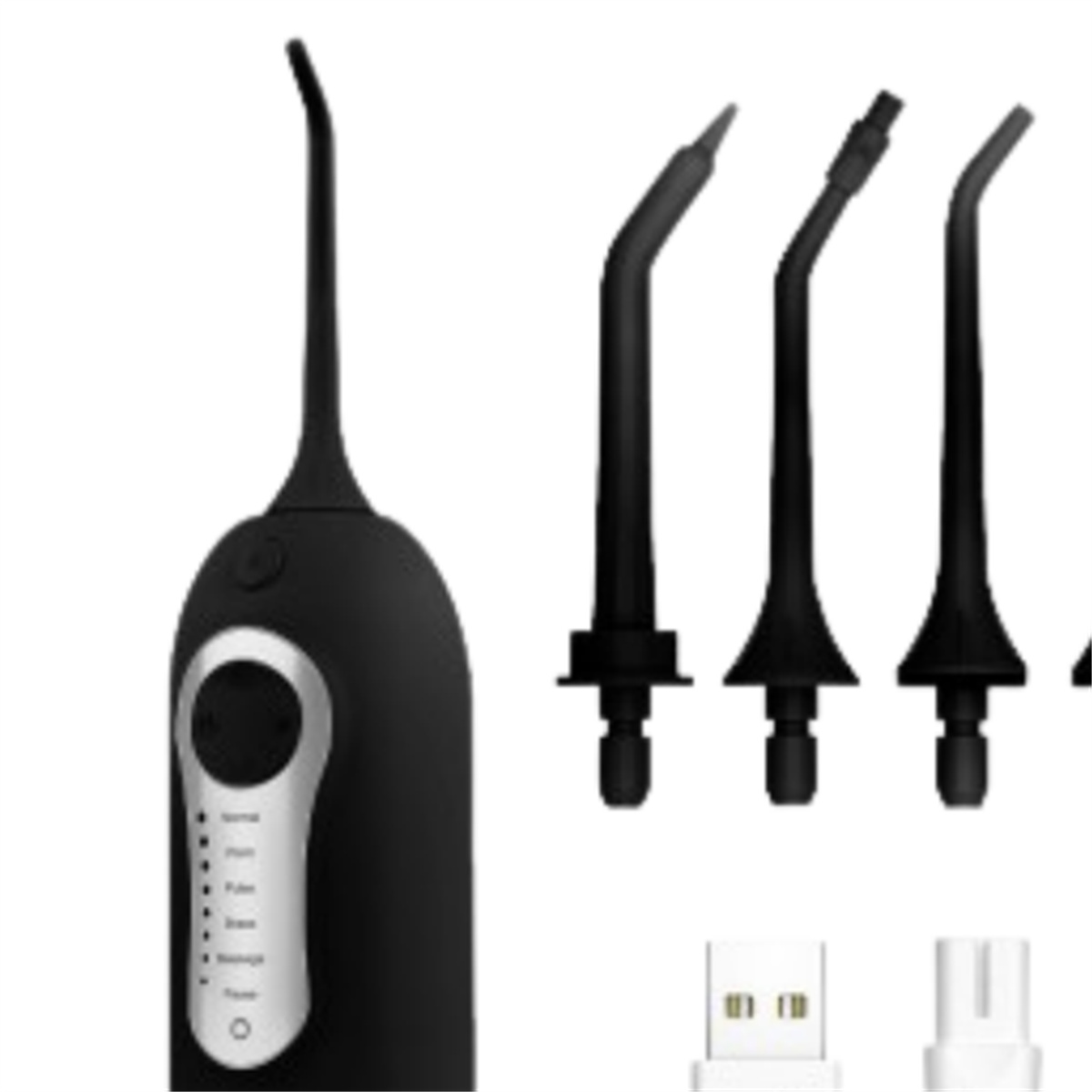 Ein schwarzer Munddusche mit langer Düse und drei zusätzlichen Aufsätzen, sowie ein USB-Ladegerät.