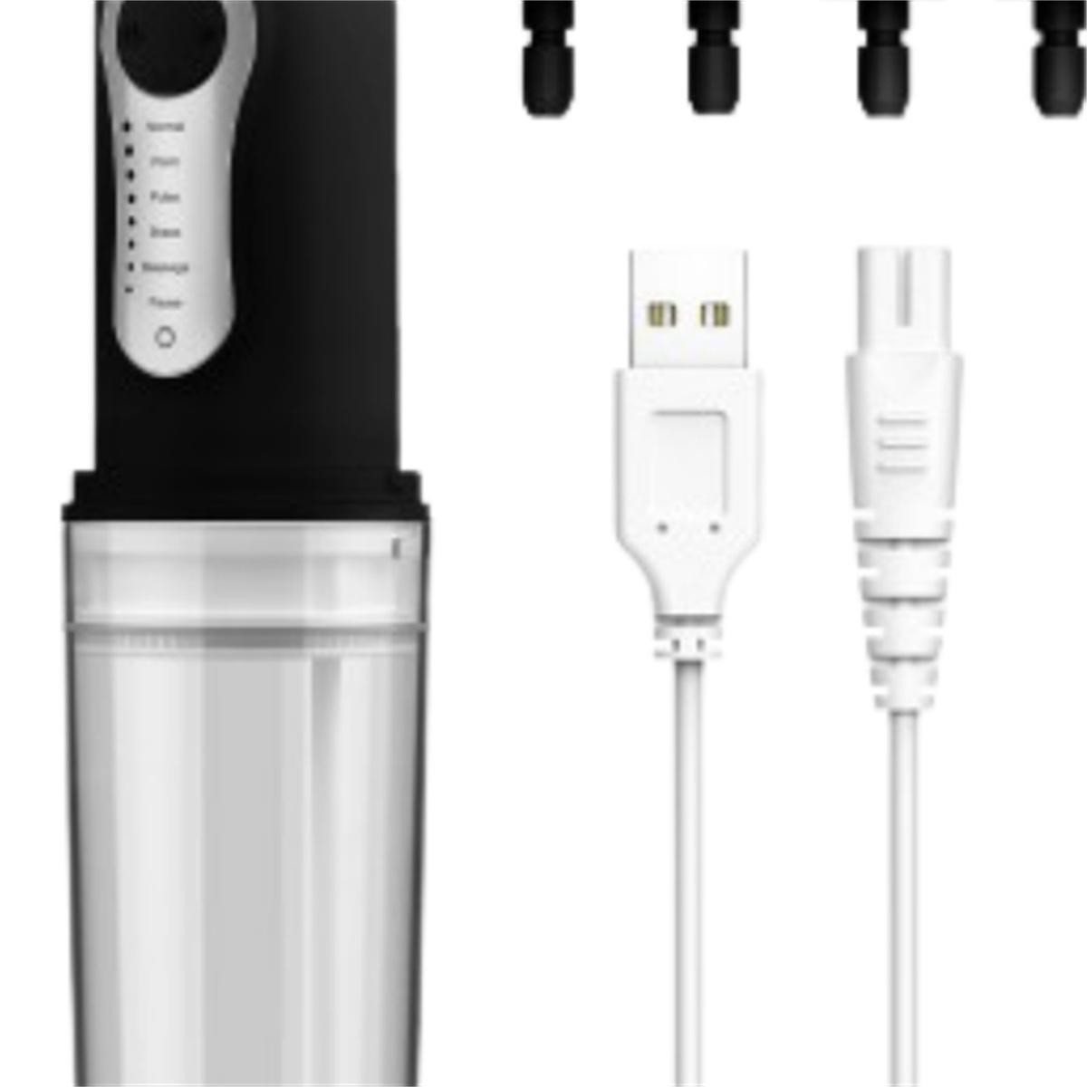 Zahnirrigator und Zubehör. Weiß und schwarz. USB- und Netzkabel.