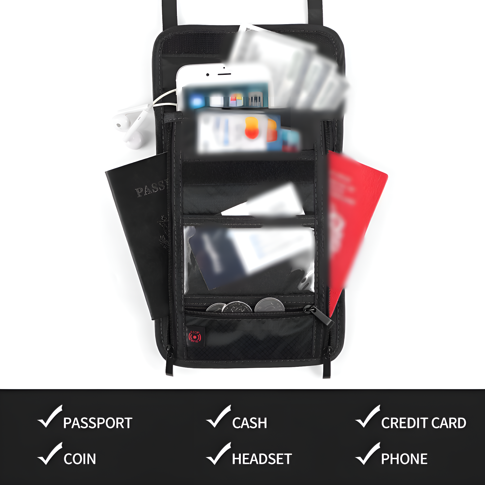 Schwarzer Autositz-Organizer mit Reisepass, Bargeld, Kreditkarte, Münzen, Headset und Telefon.