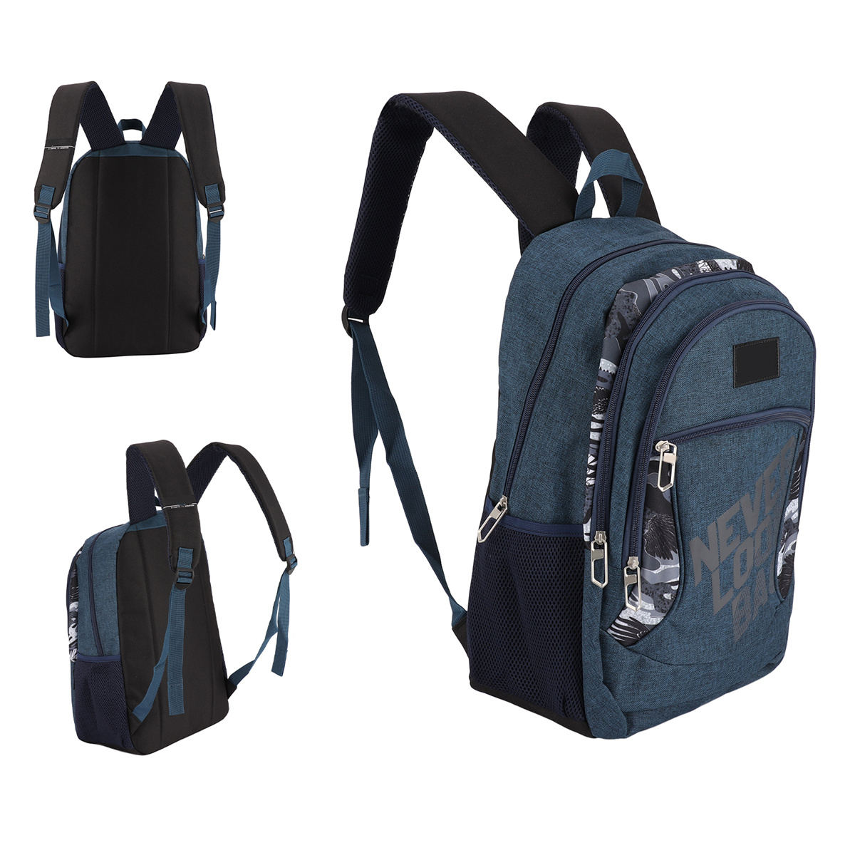 Drei Ansichten eines blauen Rucksacks mit schwarzen Akzenten. Reißverschlüsse, Träger und weißer Hintergrund.