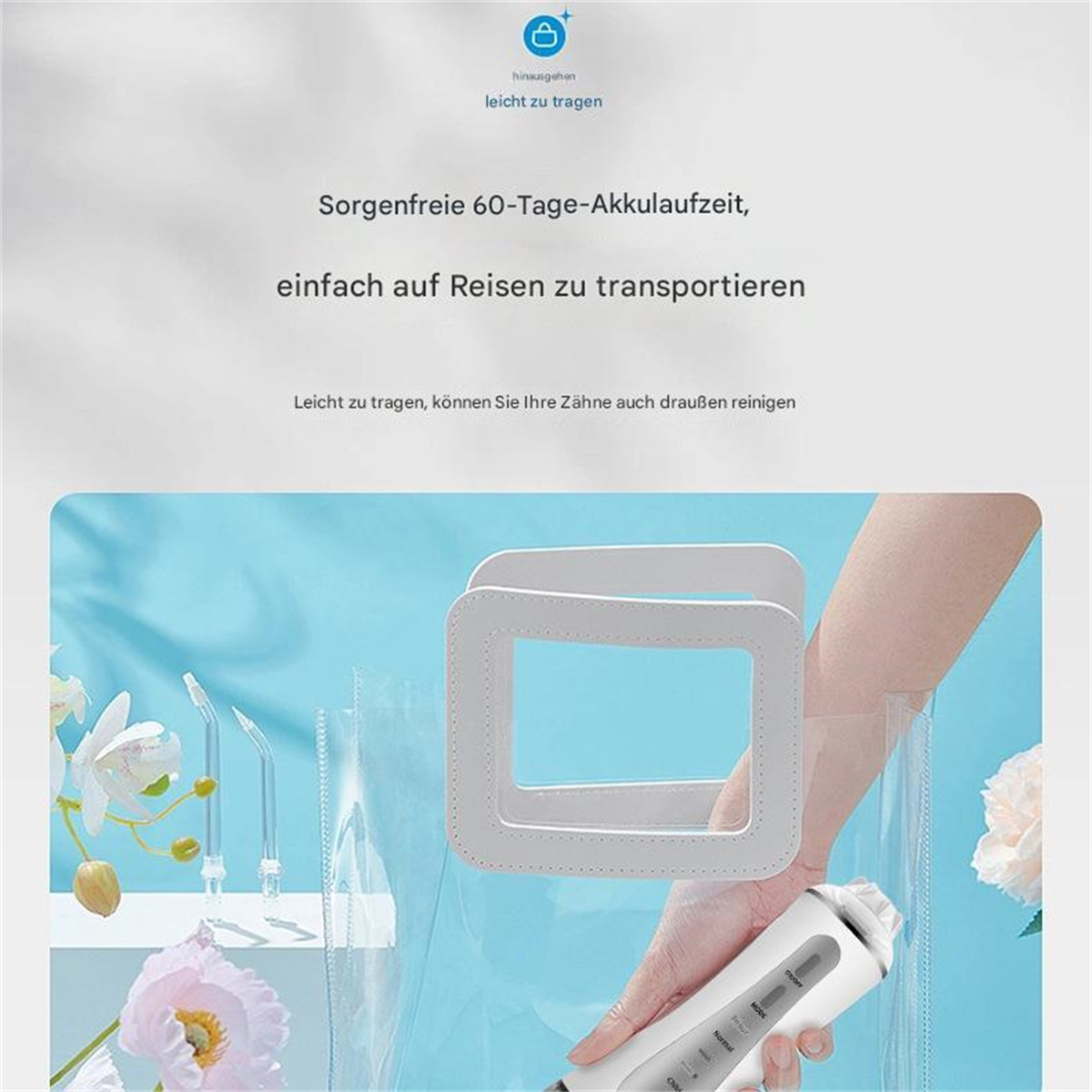 Weißer Reise-Wasser-Flosser mit Hülle. Hand hält den Flosser, Blumen im Hintergrund.
