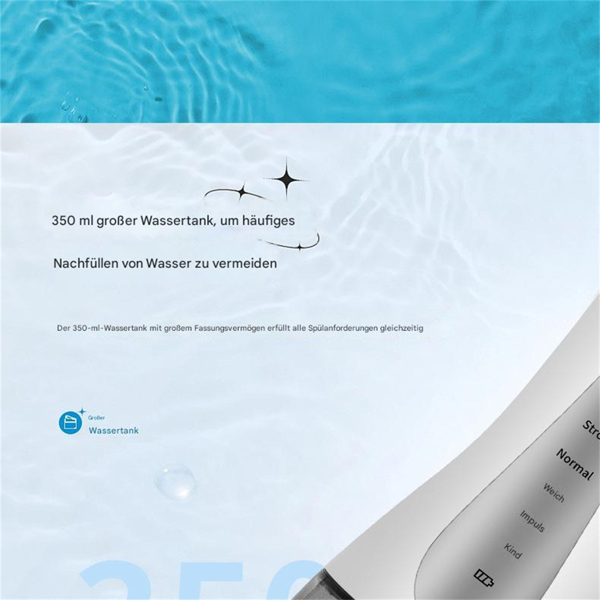 Nahaufnahme der Wasseroberfläche mit Text über Wassertank und einem Gerät mit Bedienelementen.