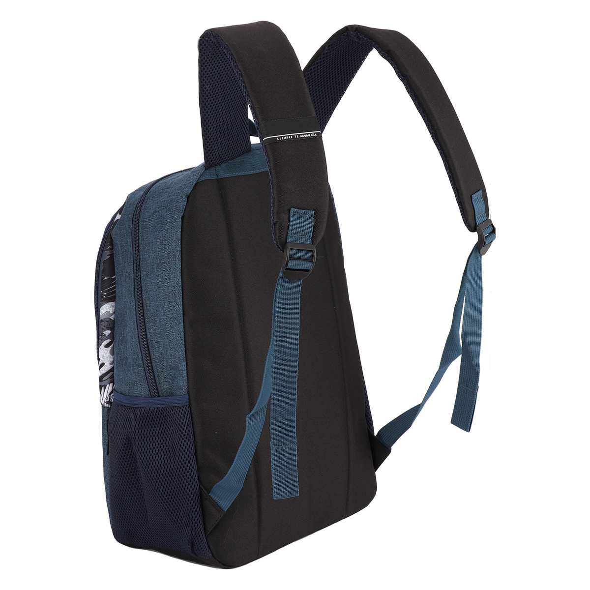Blau-schwarzer Rucksack mit seitlicher Netztasche und dunkelblauem Gurt. Die Rückseite ist schwarz.