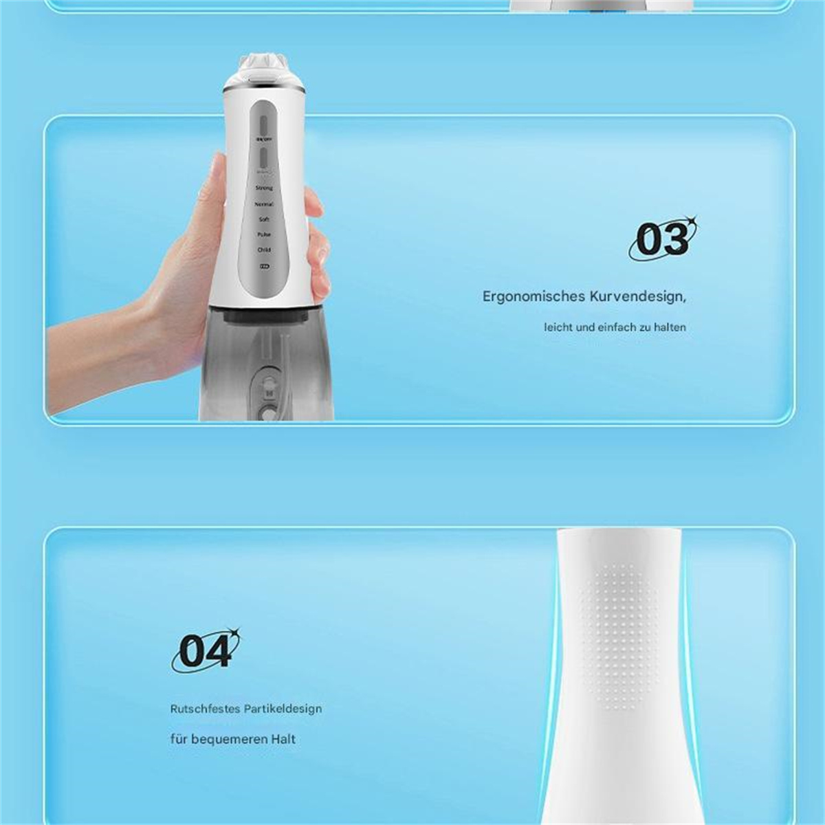 Nahaufnahme einer Hand, die einen Zahn-Wasser-Flosser hält, mit Text, der ergonomisches Design und Funktionen beschreibt.