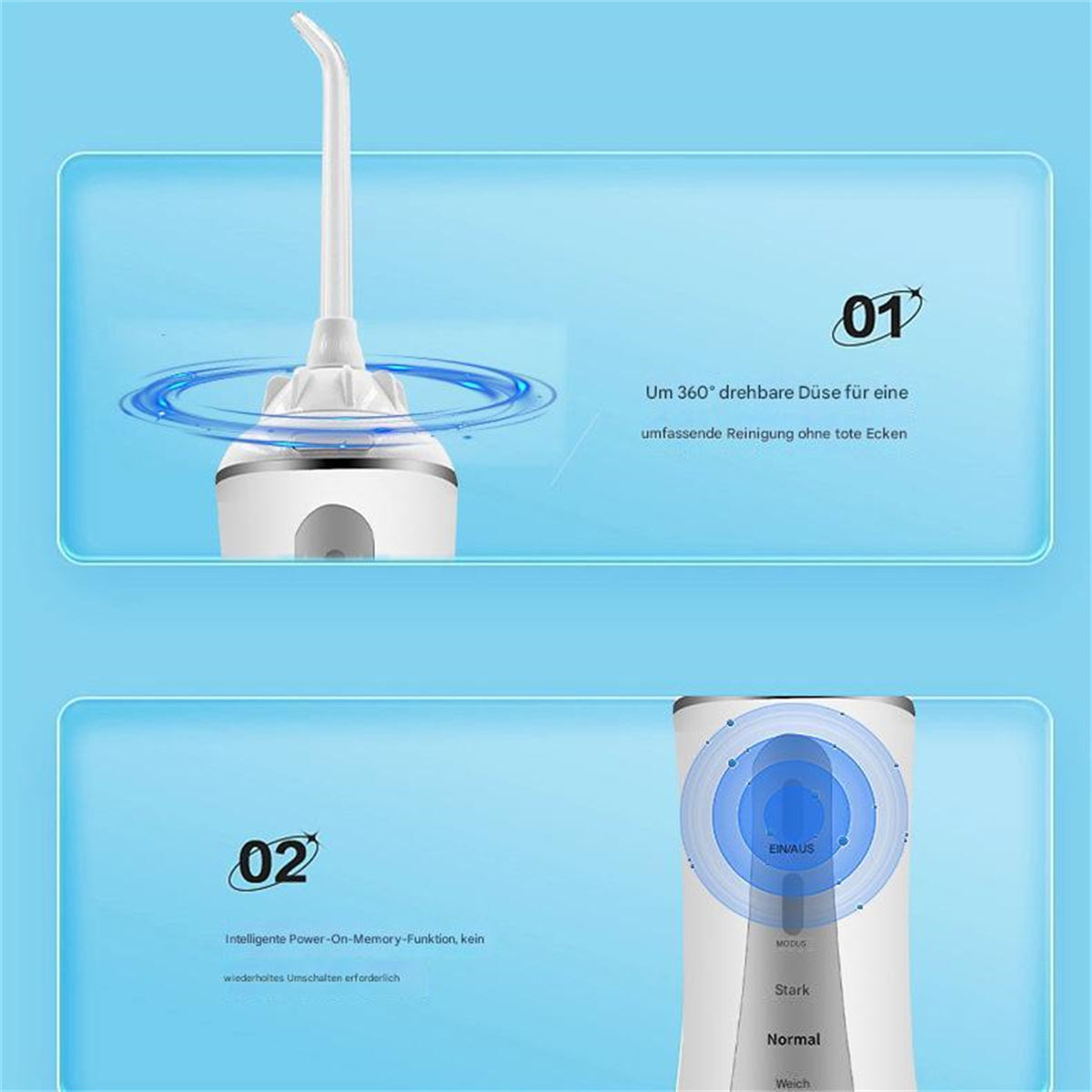 Zwei Diagramme eines Wasserflossers, mit Text und Pfeilen, die die Funktionen des Geräts erklären.