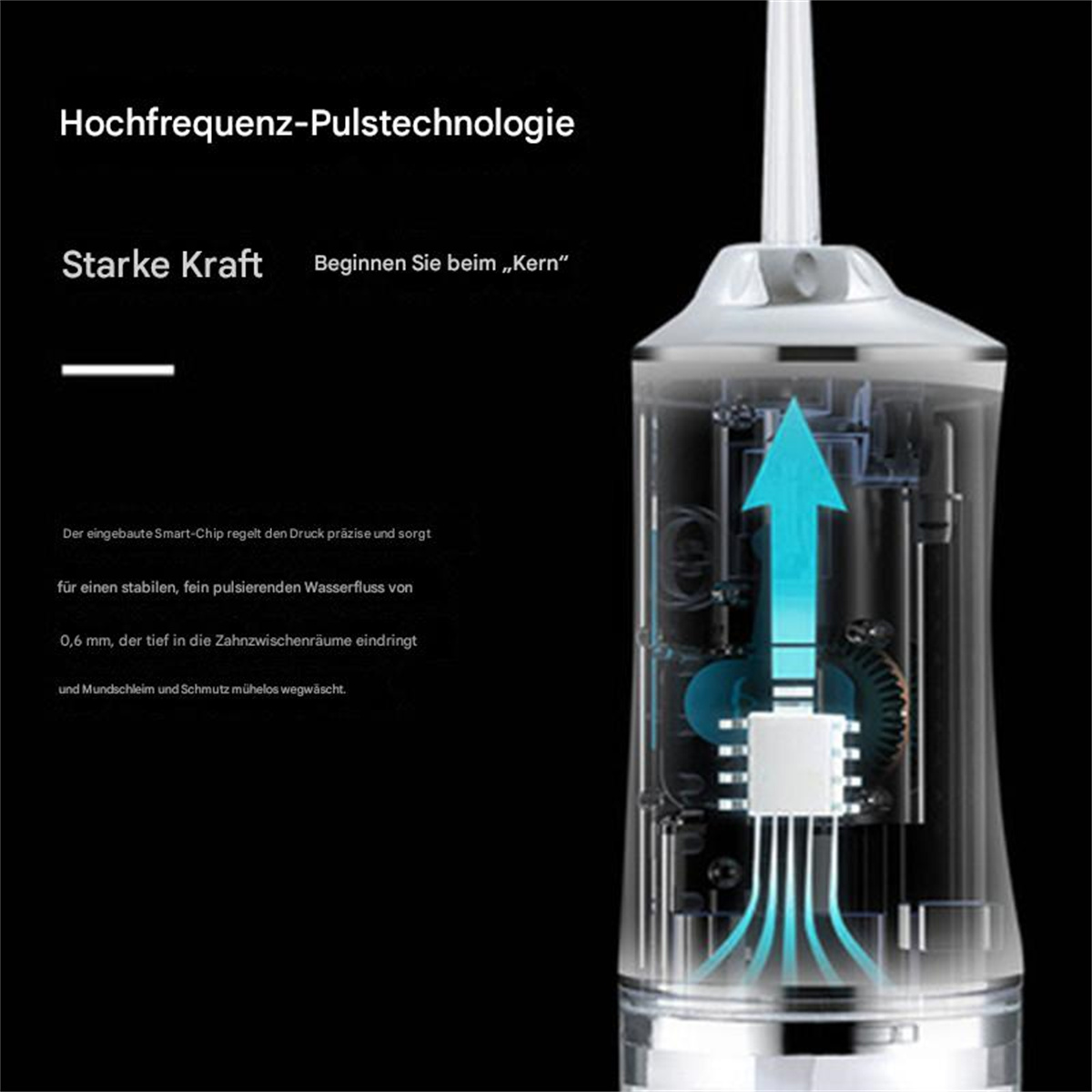 Klares Gerät mit Düse und blauem Pfeil, mit Text.