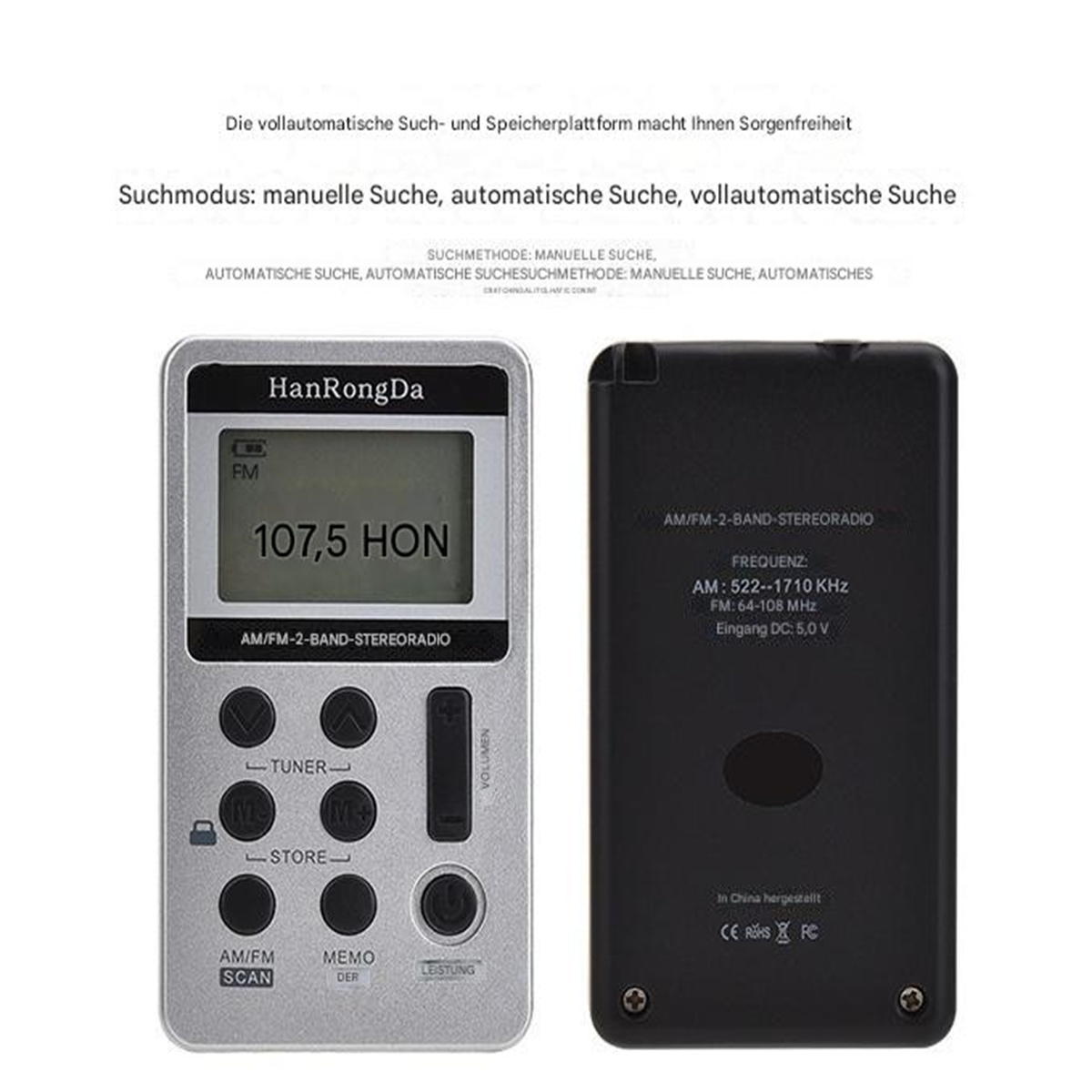 Silber-schwarzes Radiogerät. Zeigt die Frequenz, Tasten und einen kleinen Bildschirm an.