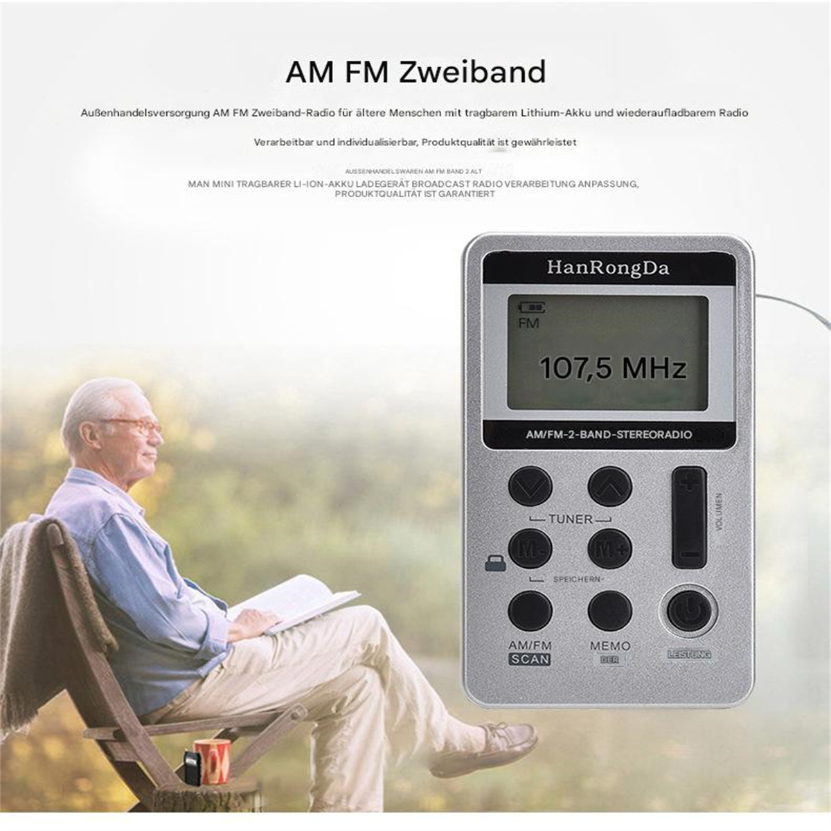 Ein älterer Mann liest neben einem Radio mit der Aufschrift HanRongDa, mit Text in mehreren Sprachen.
