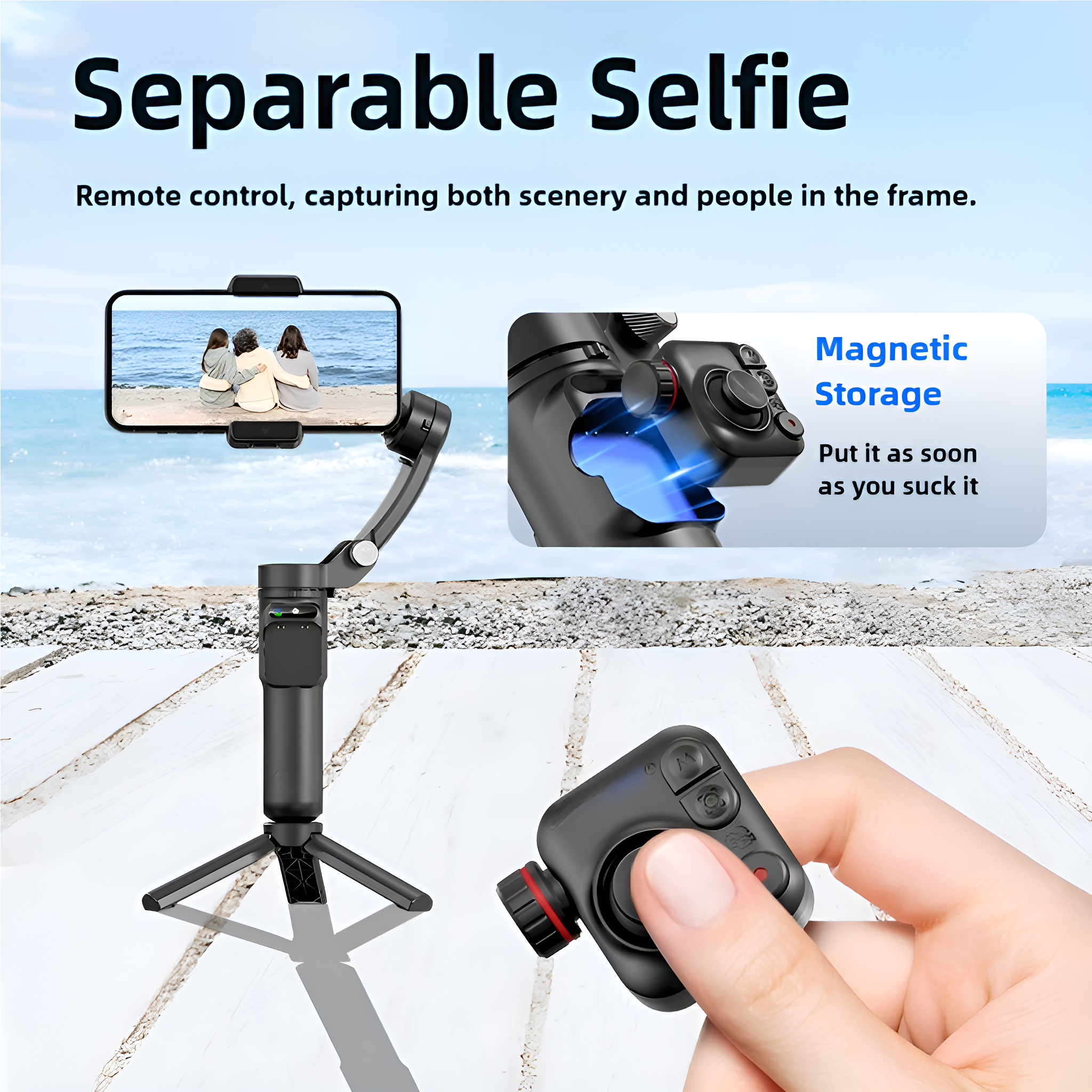 Schwarzer Selfie-Stick mit Telefon und Fernbedienung. Der Hintergrund zeigt Strand und Himmel.