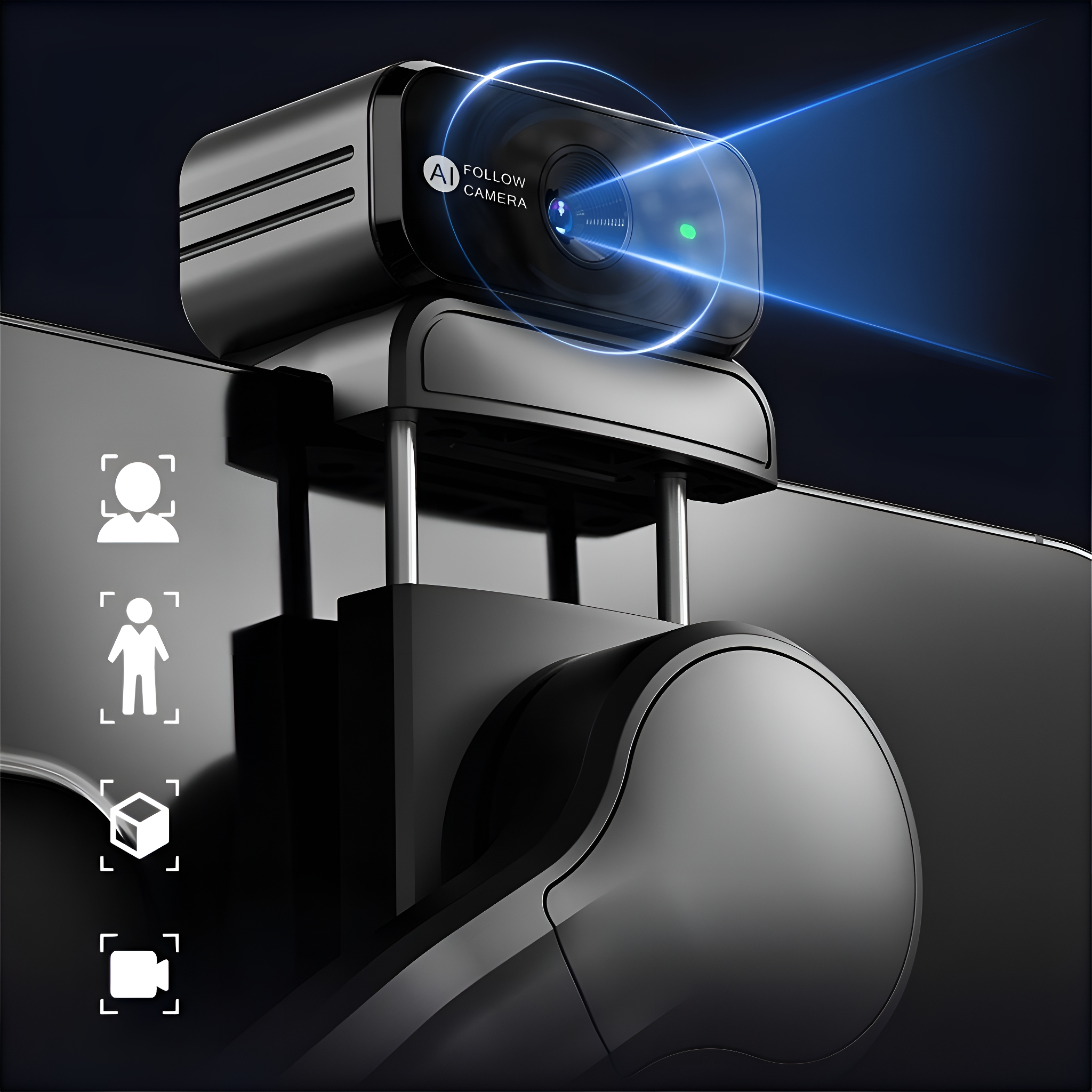 Schwarze Webcam, die an einem Monitor montiert ist. Die Webcam hat ein Licht darauf. Symbole werden angezeigt.