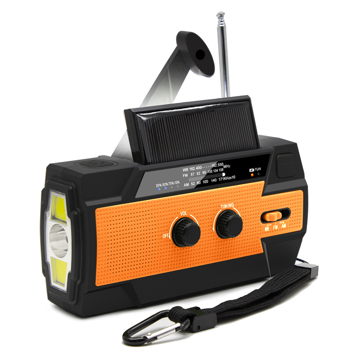Oranges und schwarzes Notfallradio mit Solarpanel und Taschenlampe, Karabinerhaken.