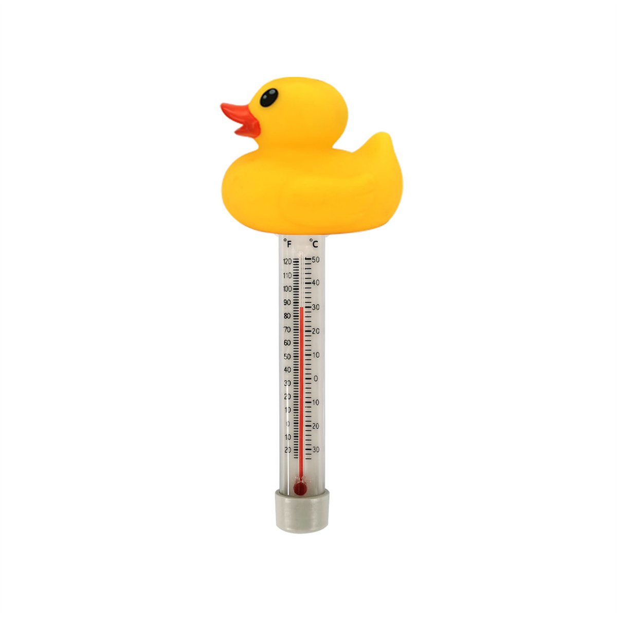 Gelbes Gummi-Entchen-Thermometer. Rote Flüssigkeit im Inneren. Weißer Hintergrund.