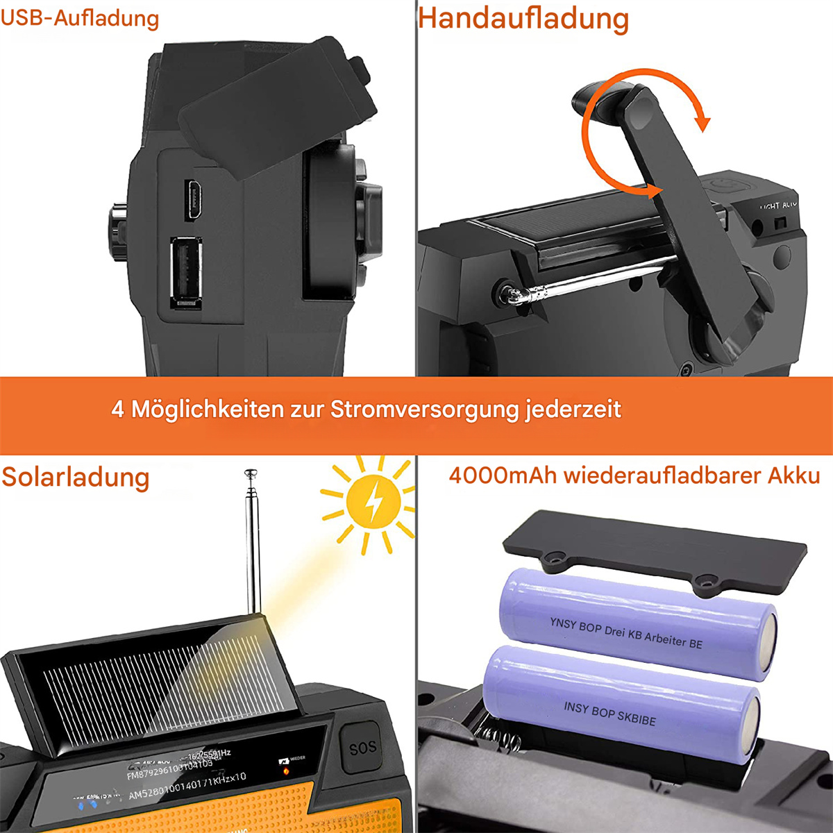 Notfallradio mit mehreren Stromoptionen und einem 4000-mAh-Akku.