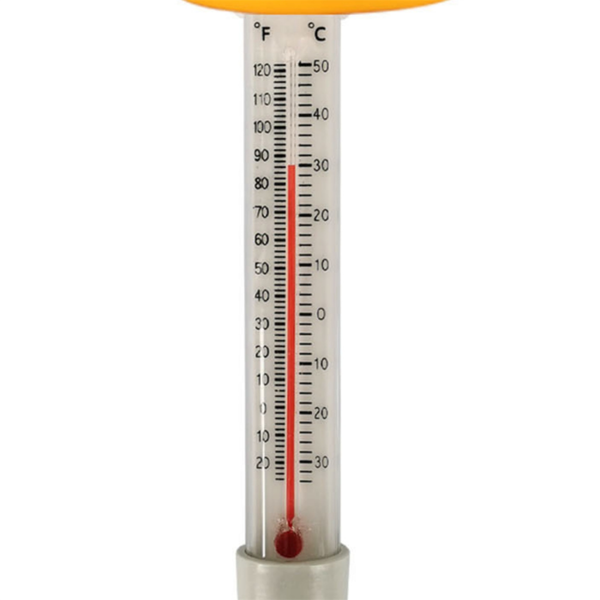 Thermometer mit roter Flüssigkeit, ca. 30 Grad. Gelber Kopf und weißer Körper.