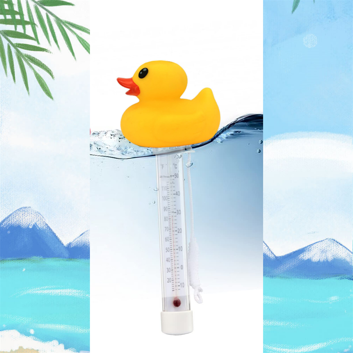 Eine gelbe Quietscheente, die im Wasser schwimmt. Es gibt ein Thermometer und einen Hintergrund einer Sommerszene.