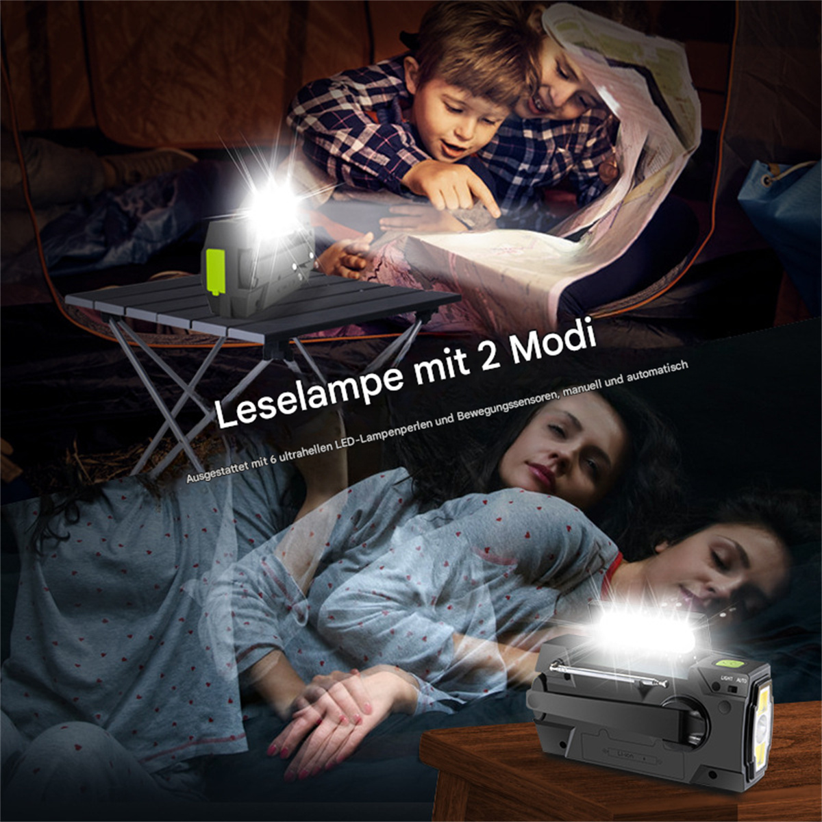 Zwei Kinder benutzen eine Taschenlampe in einem Zelt. Eine Frau schläft mit einem anderen Licht.