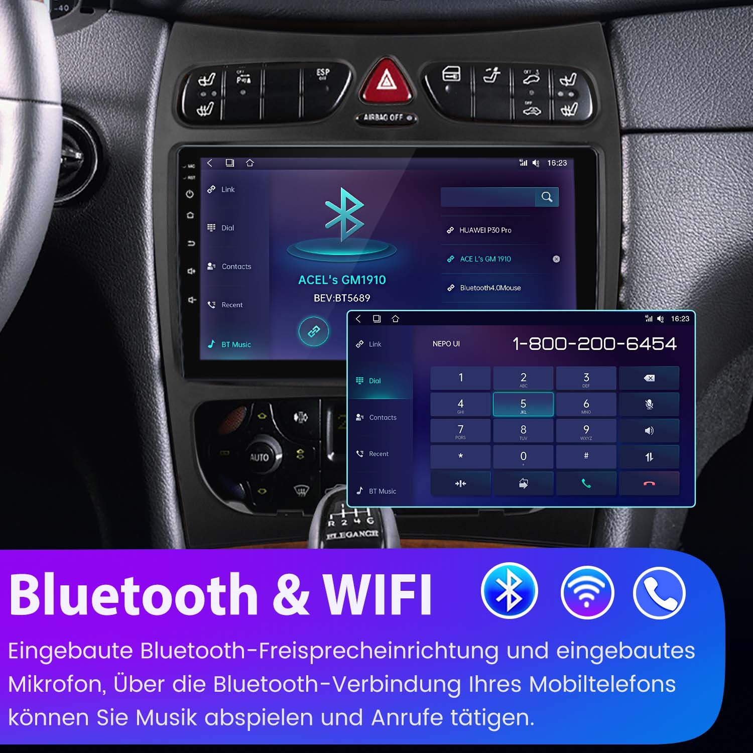 Ekran radia samochodowego wyświetlający nawigację i wybieranie numeru telefonu, z ikonami Bluetooth i Wi-Fi.