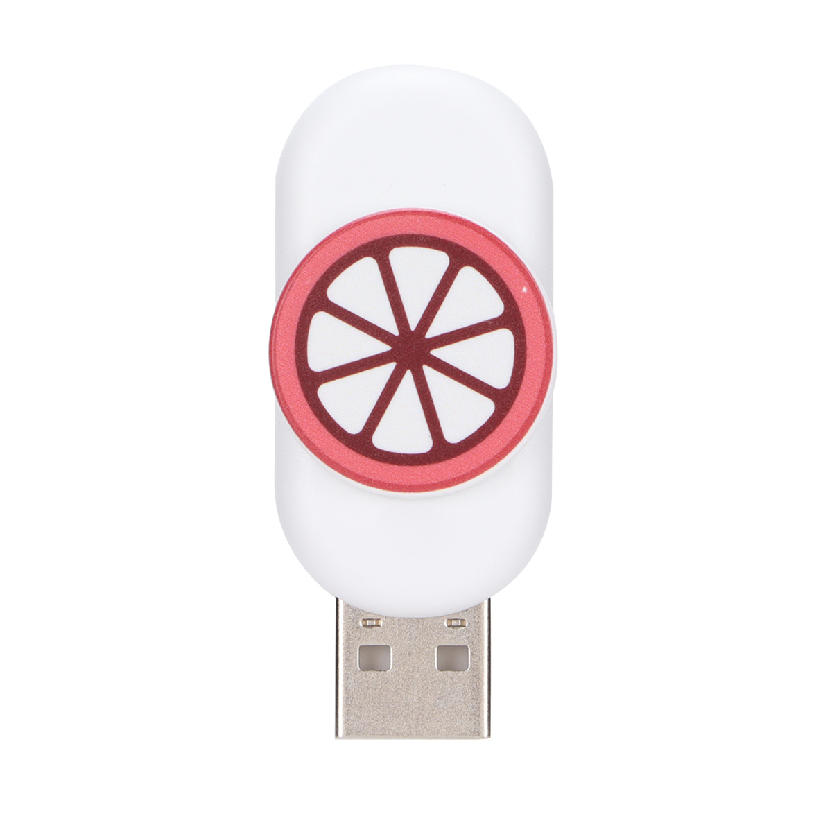 Ein weißer USB-Stick mit einem roten Raddesign in der Mitte, isoliert auf weißem Hintergrund.