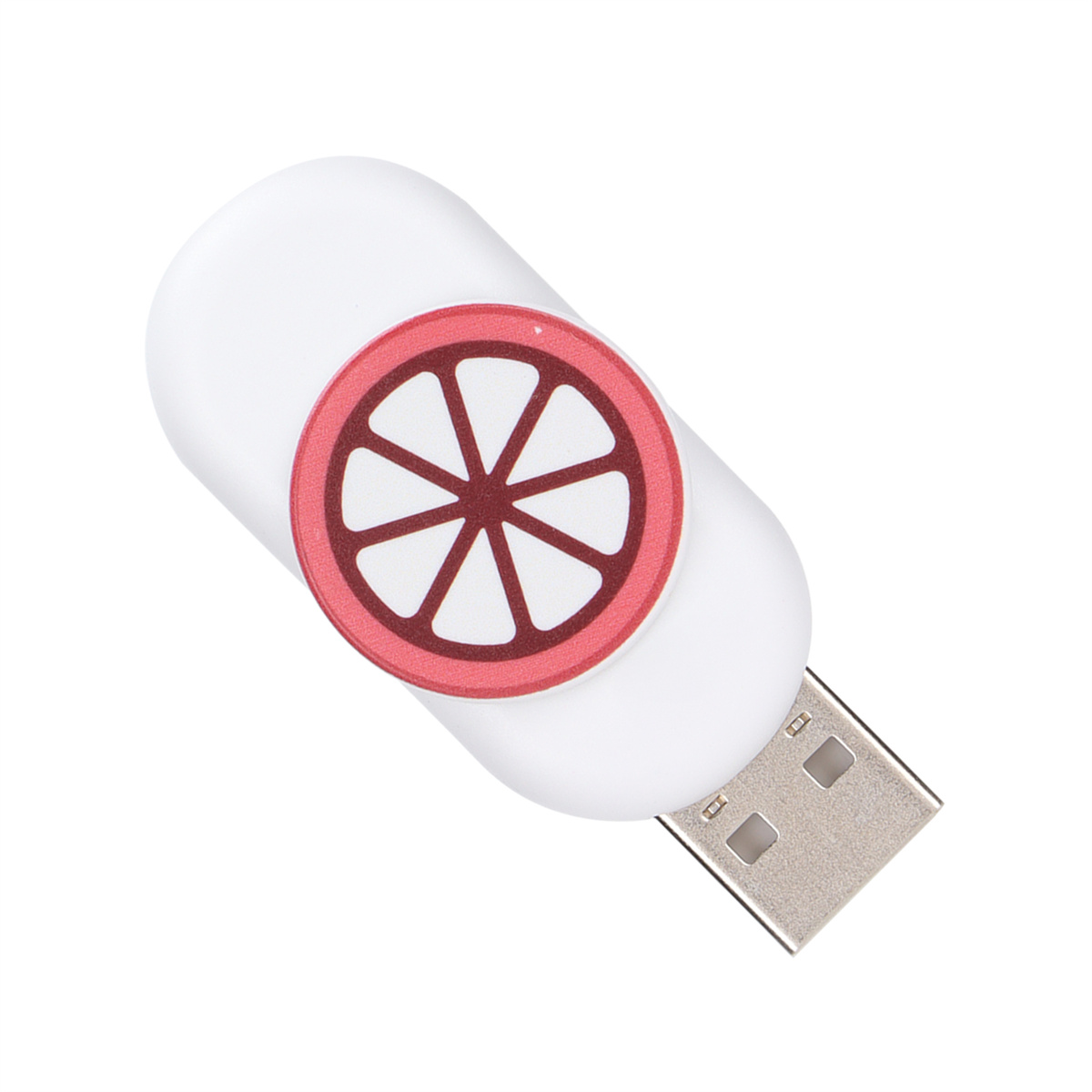 Ein weißer USB-Stick mit einem rot-weißen Raddesign. Silberner USB-Anschluss.