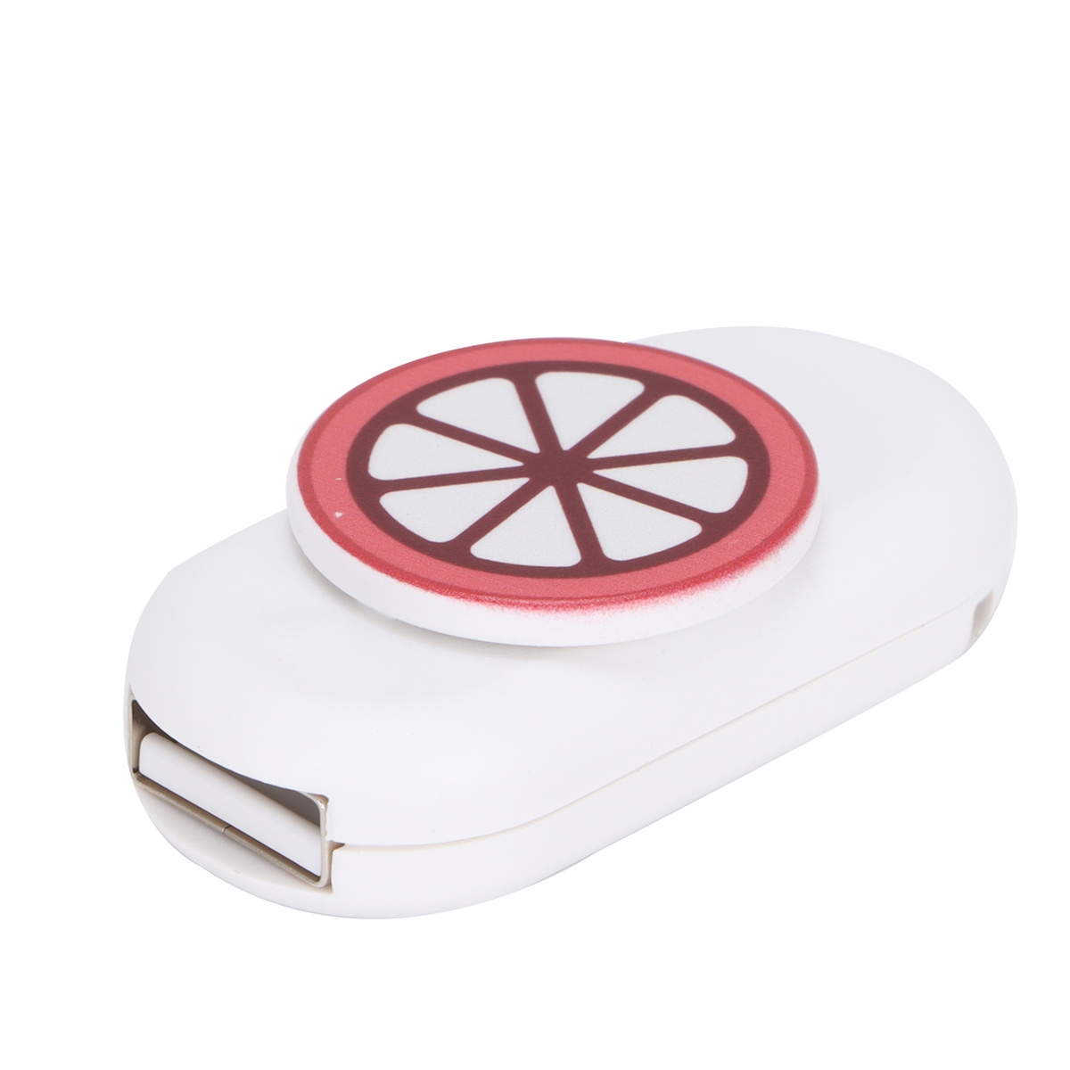Ein weißes USB-Ladegerät mit einem rot-weißen Raddesign oben.