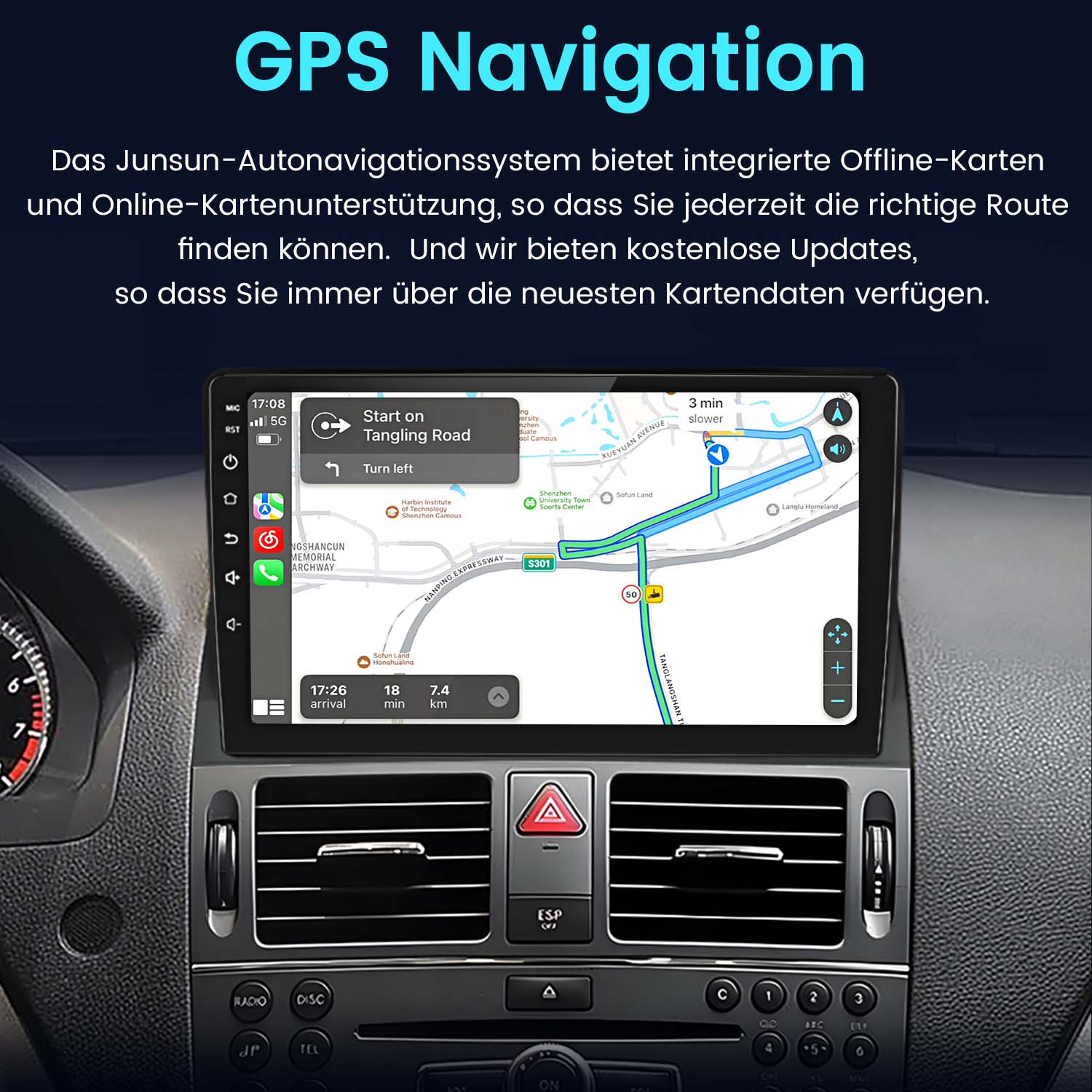 Ekran nawigacji GPS w samochodzie, pokazujący mapę i instrukcje nawigacyjne. Deska rozdzielcza widoczna.