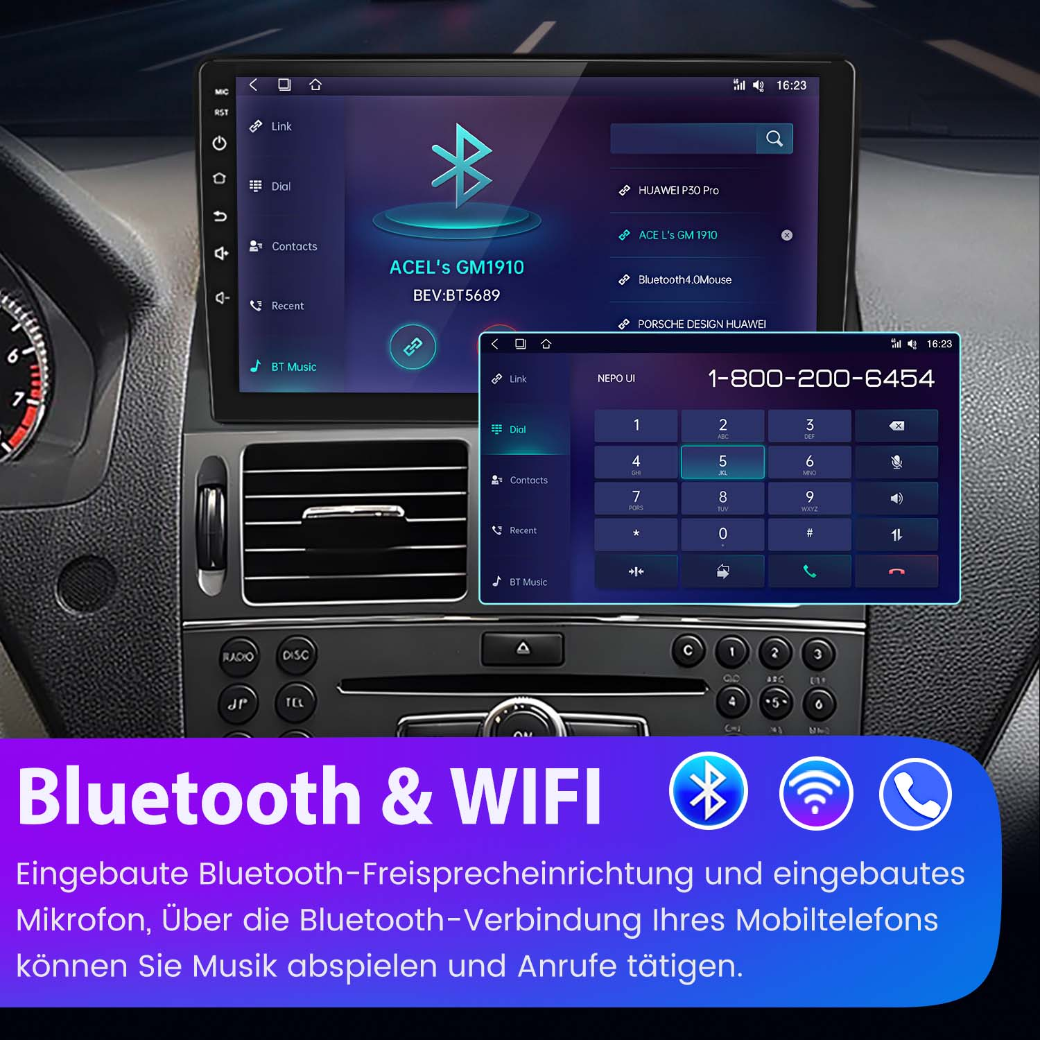 Deska rozdzielcza samochodu z ekranem pokazującym połączenia Bluetooth i WiFi oraz klawiaturę telefonu.