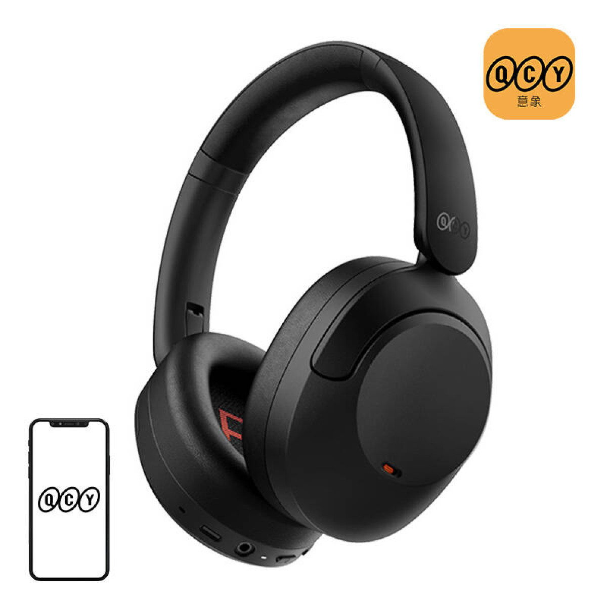 Cuffie nere con telefono. Le cuffie sono over-ear e hanno il logo QCY.