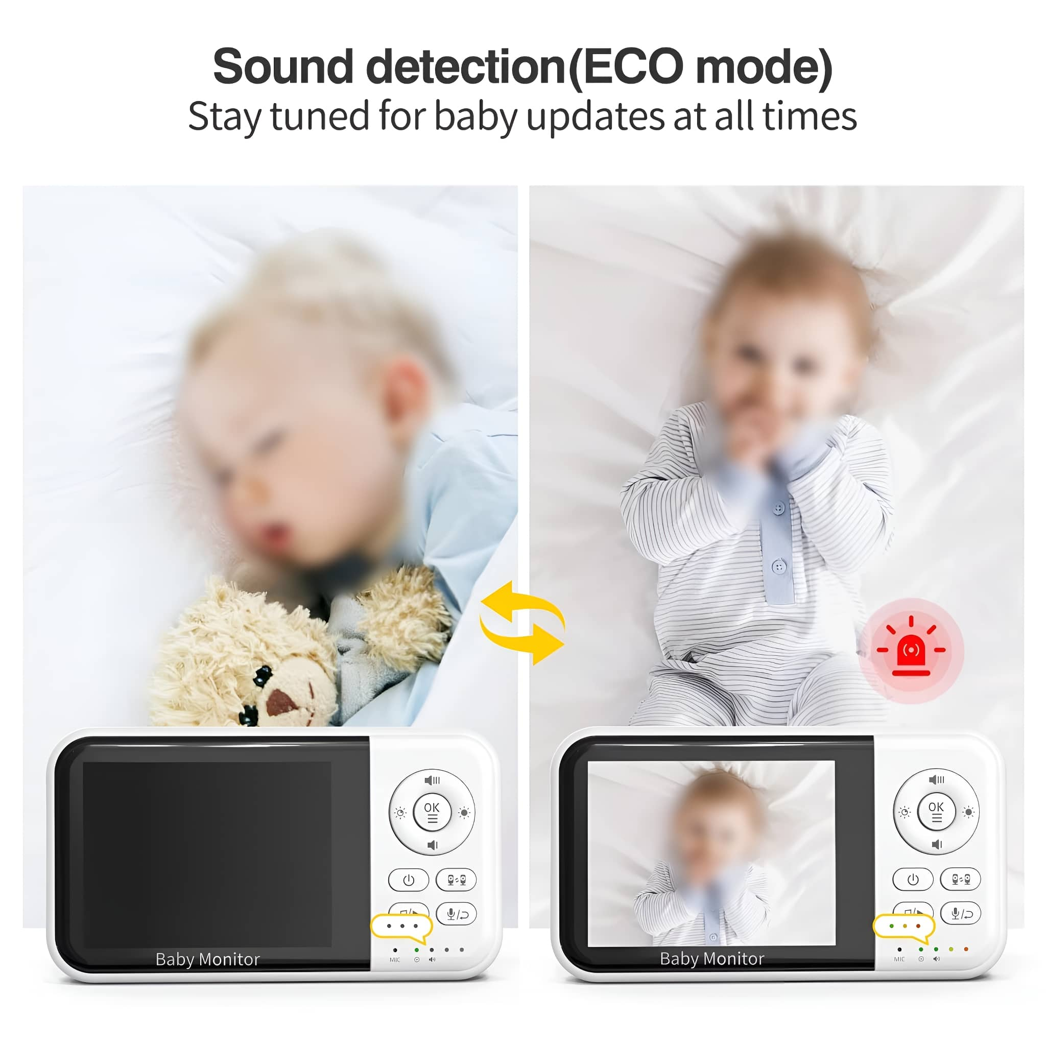 Ein Babyphone zeigt zwei Bilder: ein schlafendes Baby und ein aktives Baby mit rotem Licht.