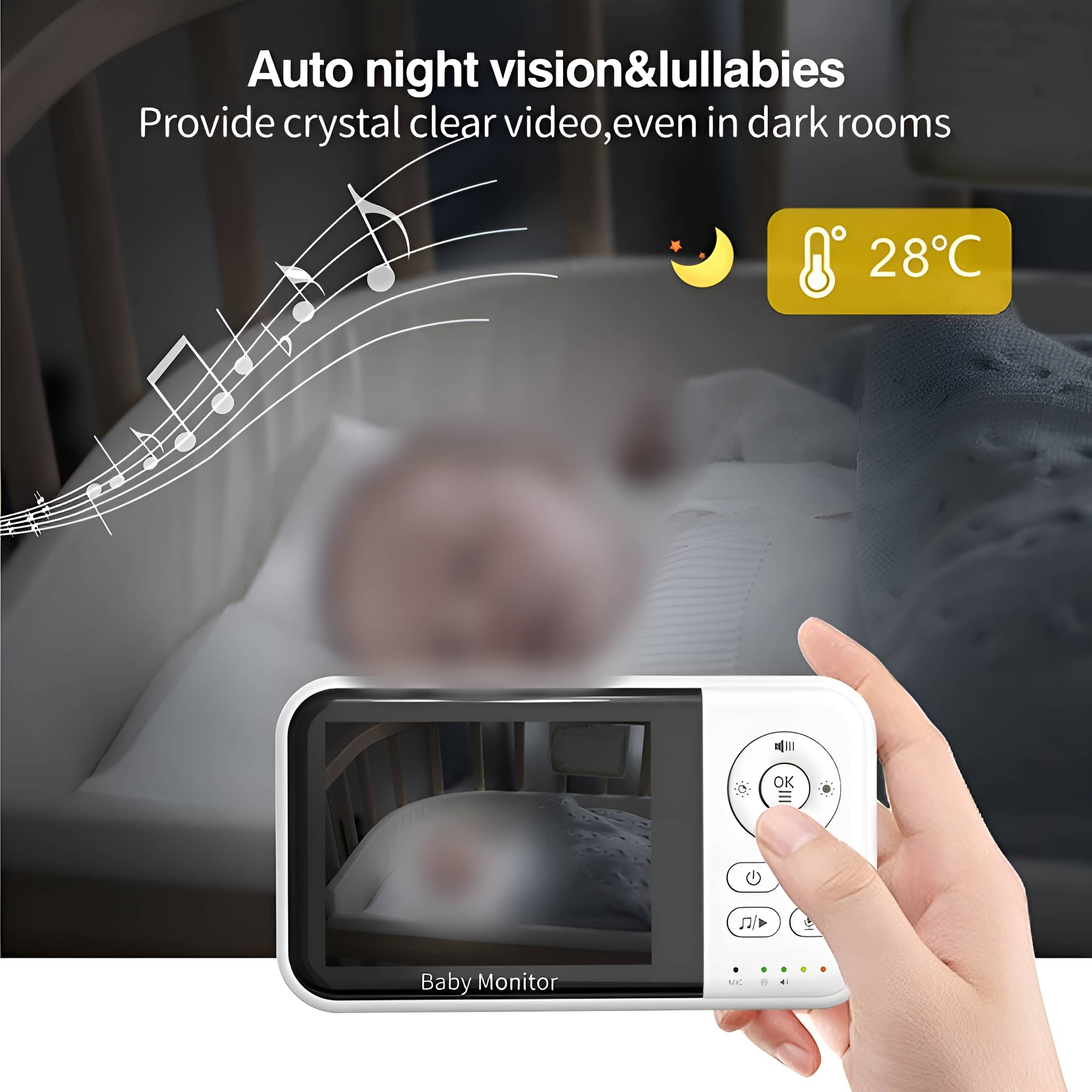 Ein Babyphone-Bildschirm, der ein Baby in einem Kinderbett mit Noten anzeigt, Text: Auto-Nachtsicht & Schlaflieder.