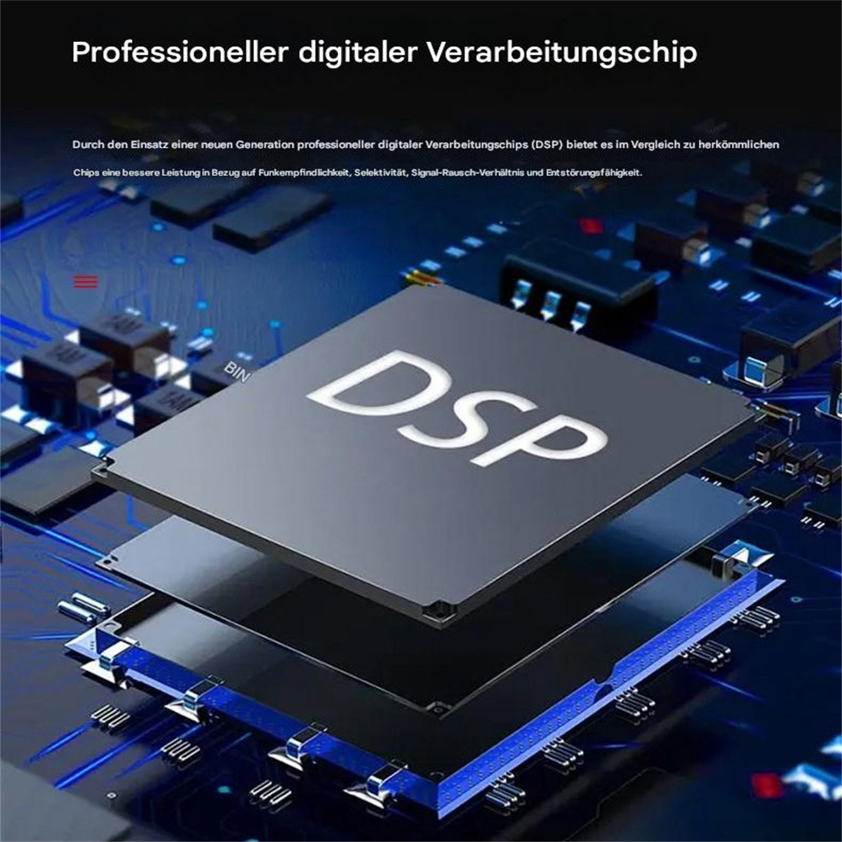 Nahaufnahme eines digitalen Verarbeitungschips mit Text und geschichteten Komponenten, ein technisches Bild.