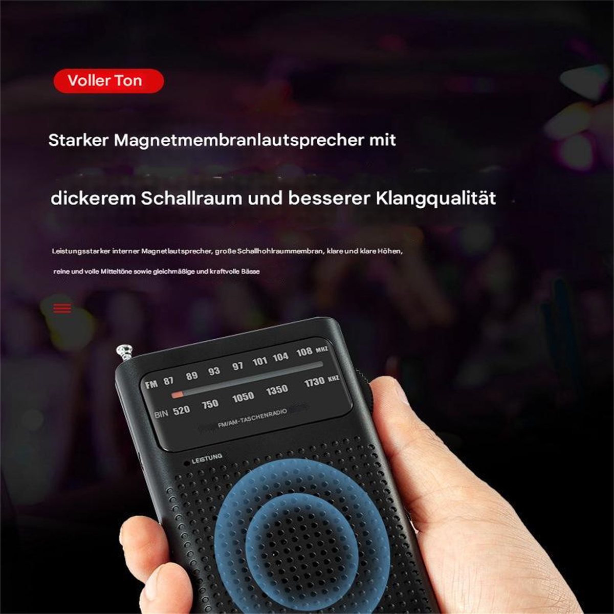 Schwarzes Retro-Radio in einer Hand gehalten. Blaue Schallwellenkreise. Text über Klangqualität.