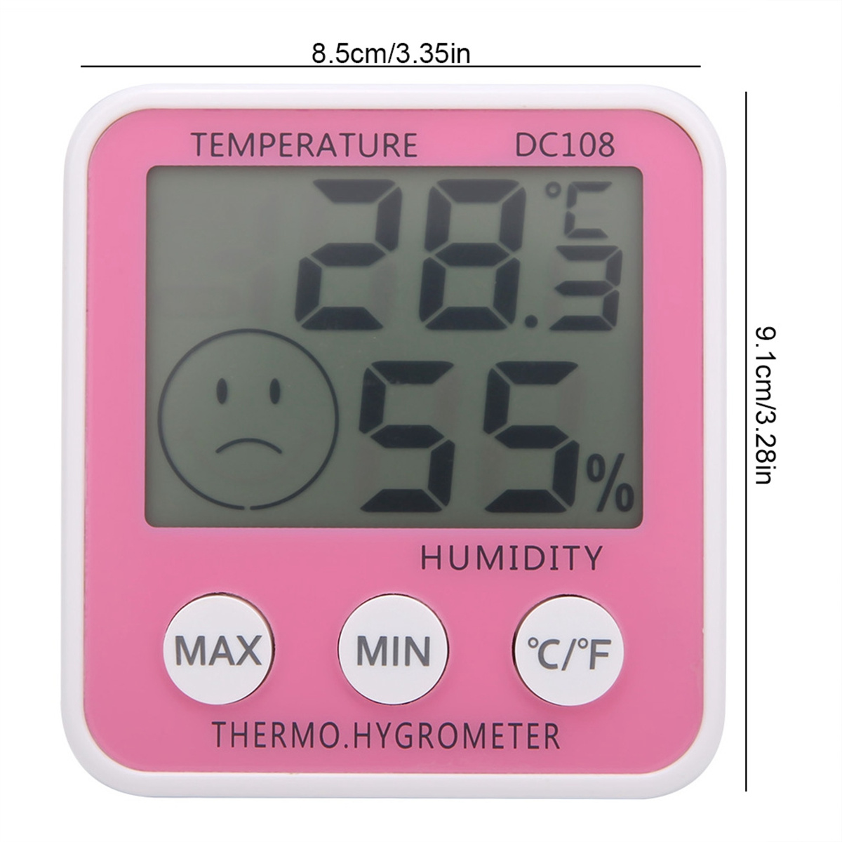 Rosa Thermo-Hygrometer zeigt Temperatur und Luftfeuchtigkeit mit traurigem Gesichtssymbol.