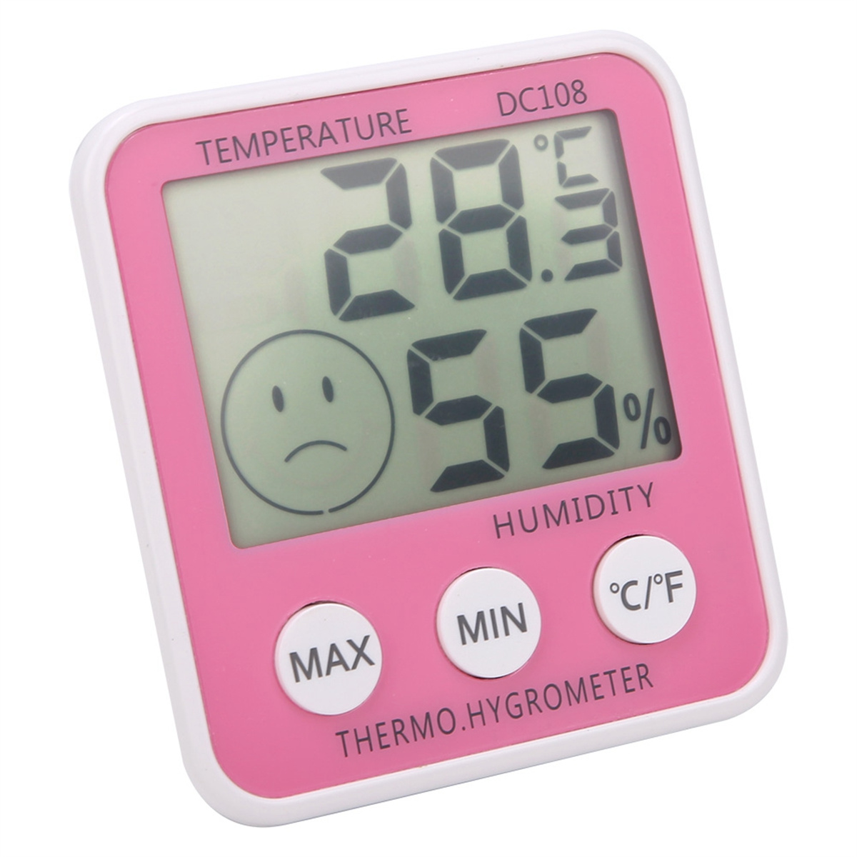 Ein rosa Digitalthermometer zeigt Temperatur und Luftfeuchtigkeit an. Es hat Knöpfe und ein trauriges Gesicht auf dem Bildschirm.
