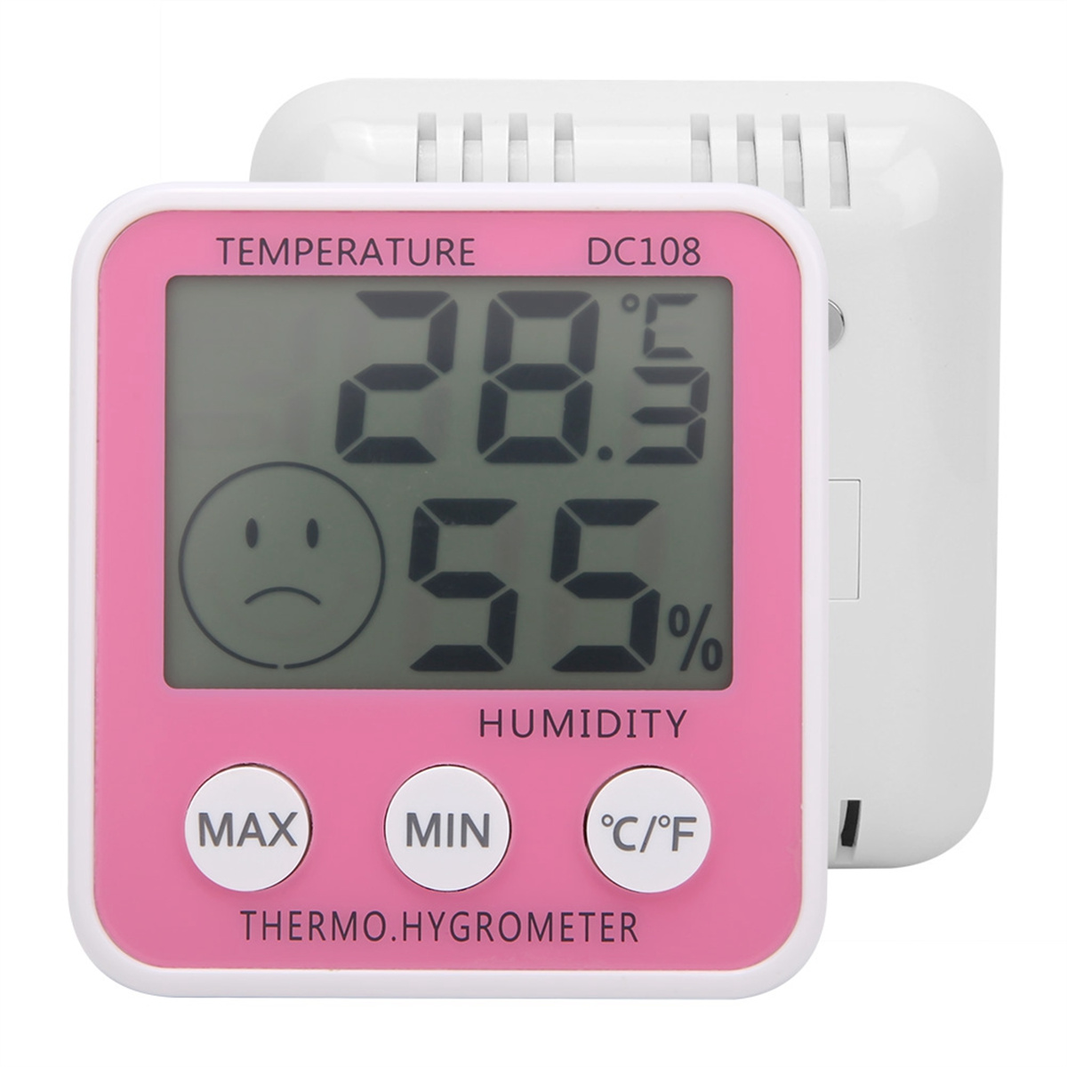 Rosa Thermo-Hygrometer zeigt 28,5 Grad und 55% Luftfeuchtigkeit, weißer Rücken.