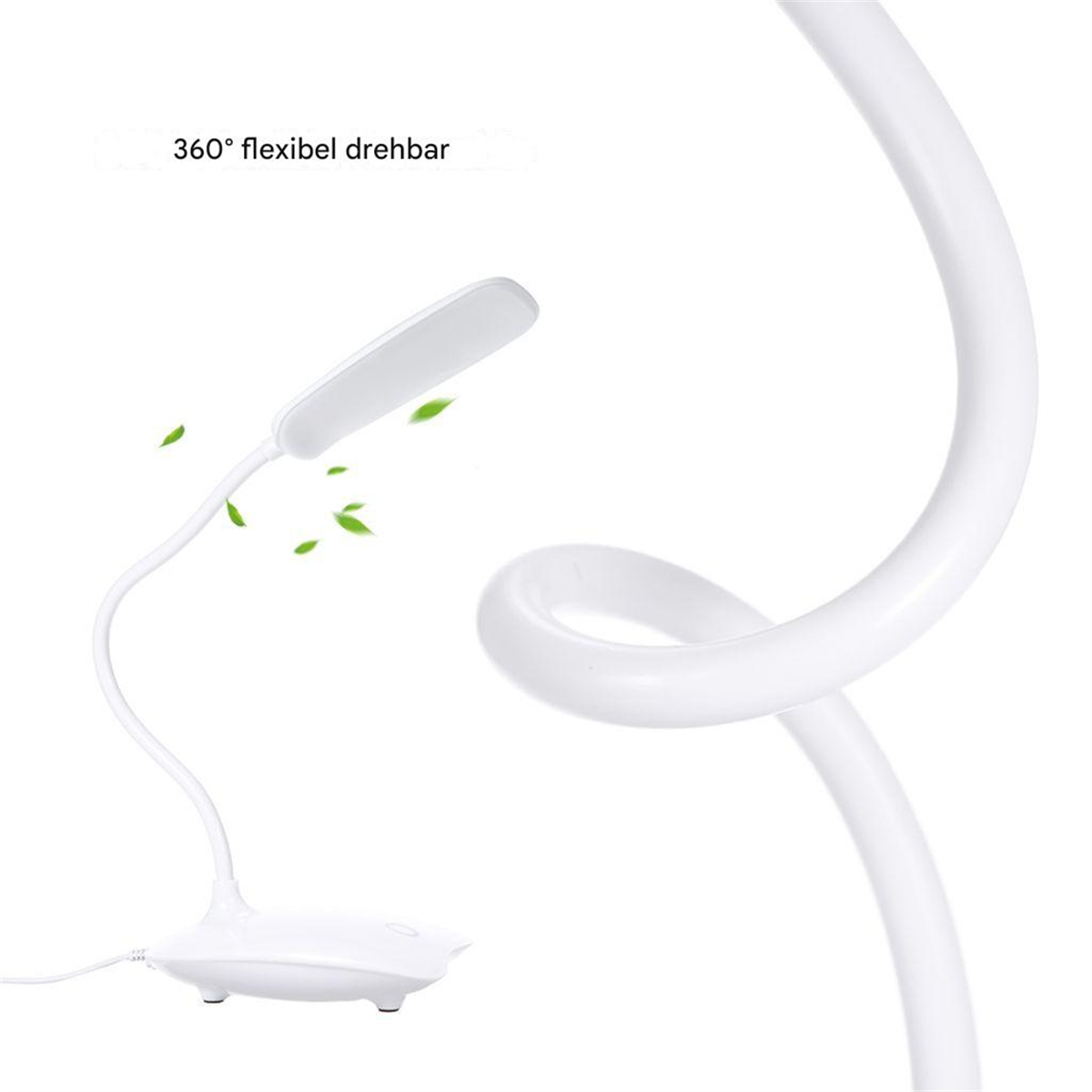 Weiß, flexible Schreibtischlampe mit gebogenem Hals und Lichtkopf, mit grünen Blättern.