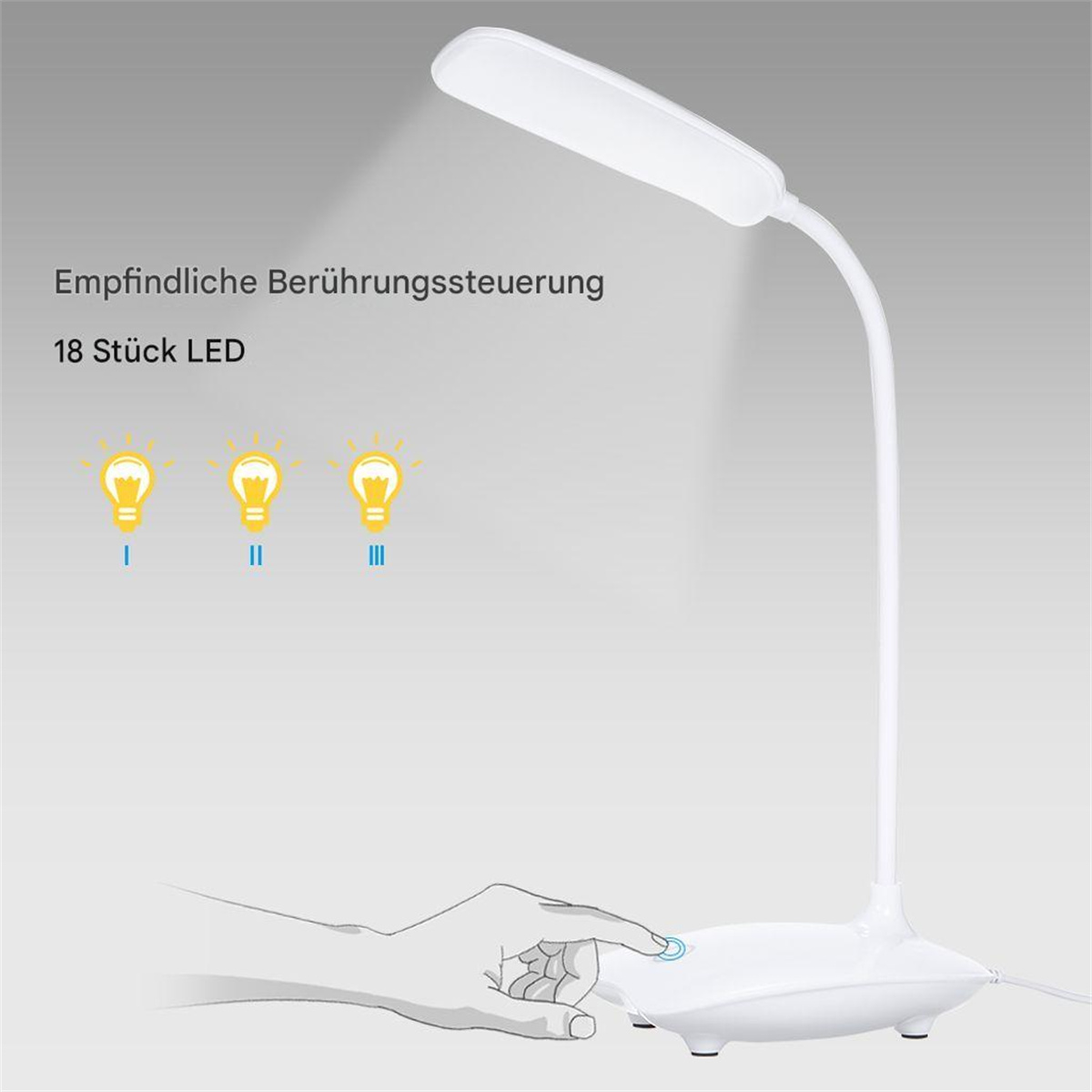 Eine weiße Lampe mit flexiblem Hals, zeigt ein Bild einer Hand, die den Knopf berührt.
