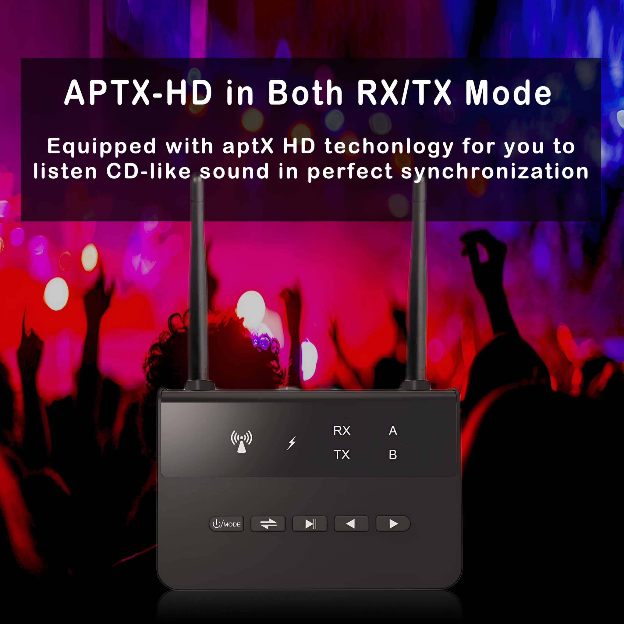 Ein schwarzes Gerät mit zwei Antennen. Text: APTX-HD in Both RX/TX Mode. Unscharfer Hintergrund.