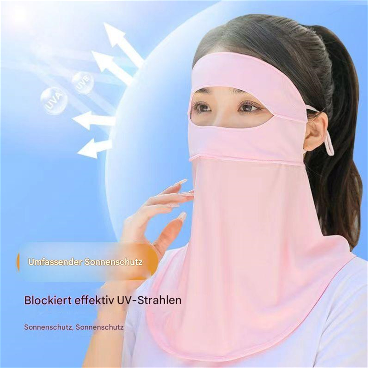 Frau trägt eine rosa Gesichtsmaske mit UV-Schutz, weiße Pfeile.